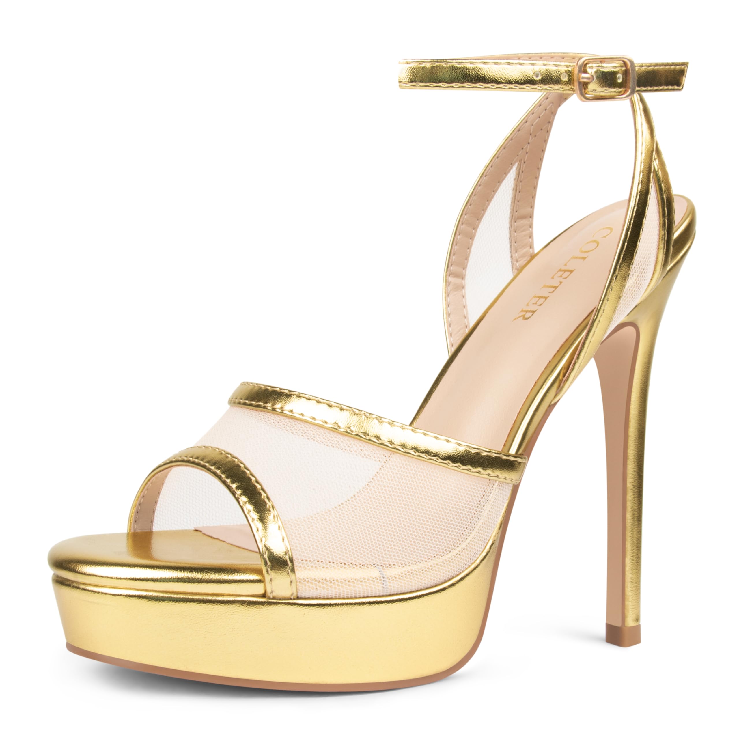 Women's Platform Mesh High Heels 5.1 Inch Open Toe Sandals Ankle Strap Party Dress Wedding Shoes