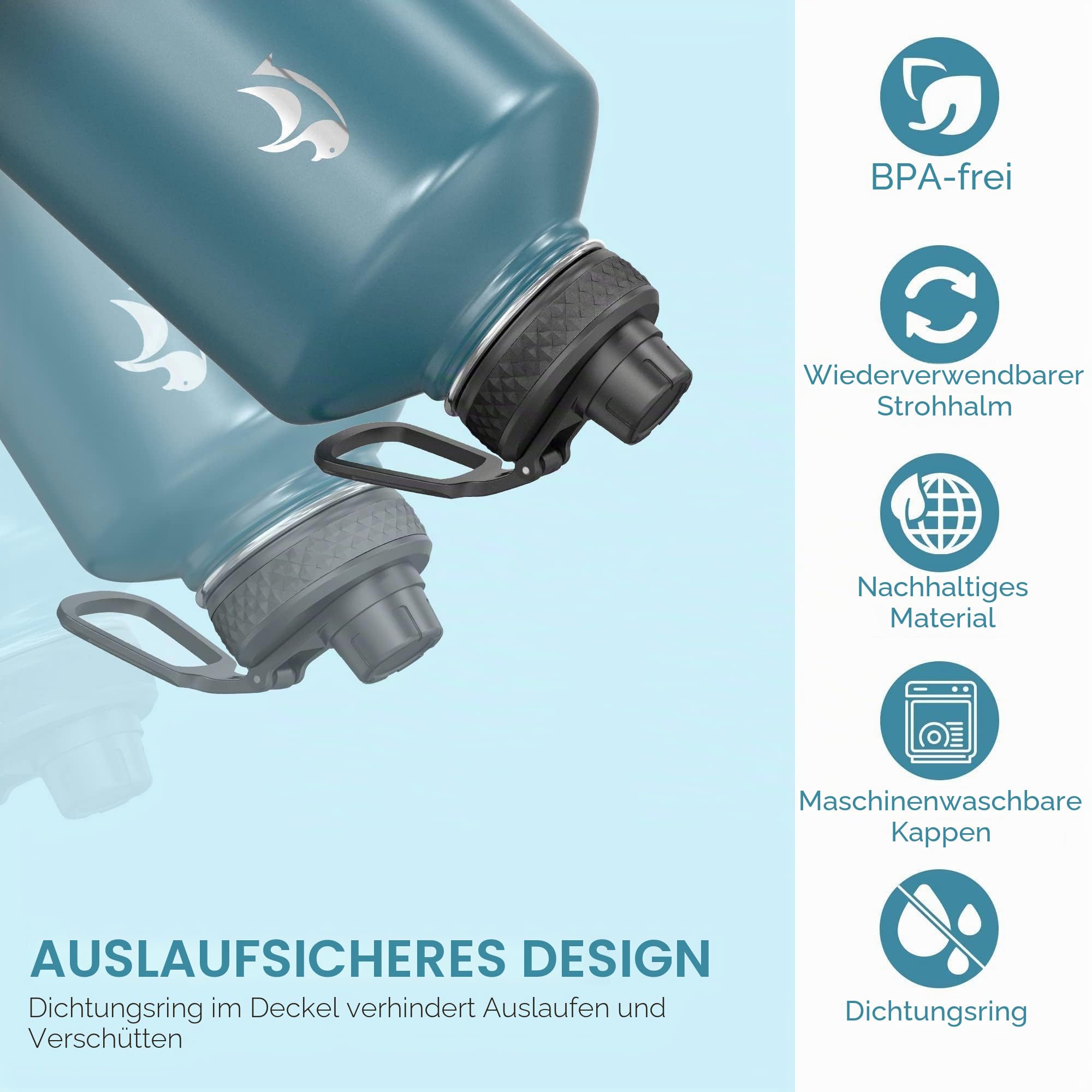 Coolflask Isolierte Wasserflasche, Doppeltes Vakuum Auslaufsicher, Leicht zu reinigen, Wasserflasche mit Strohhalm, 3 Deckeln, Thermosflaschen aus Edelstahl für Sport Büro, 3785 ml, Indigo Schwarz