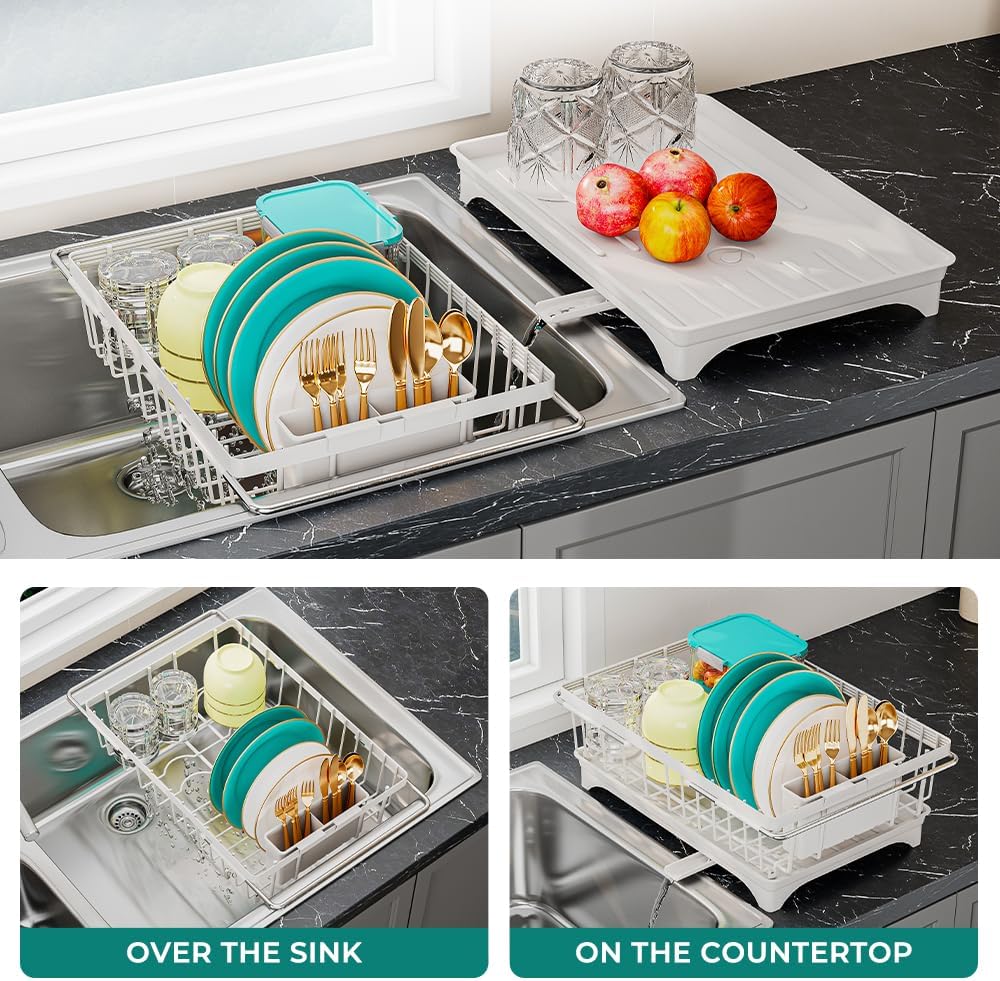 Small Dish Drying Rack in Sink, Expandable Stainless Steel Dish Drainers for Kitchen Counter, with Drain Board & Utensil Holder(White) image 2