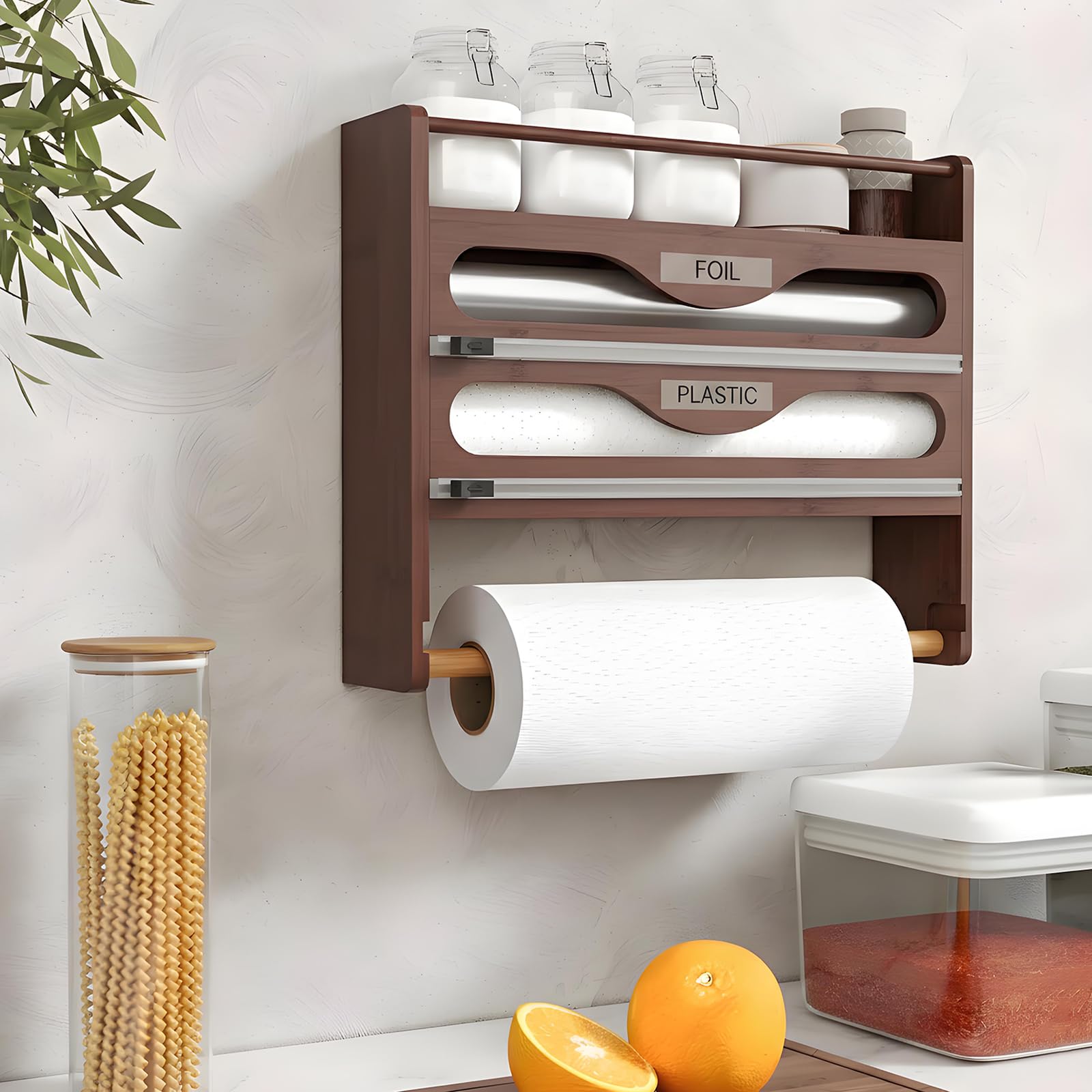 Dozownik folii bambusowej z nożem | Wielokolorowy 30 cm Scenariusz użycia: Kuchenny bambusowy schowek na folię i folię spożywczą (brązowy)