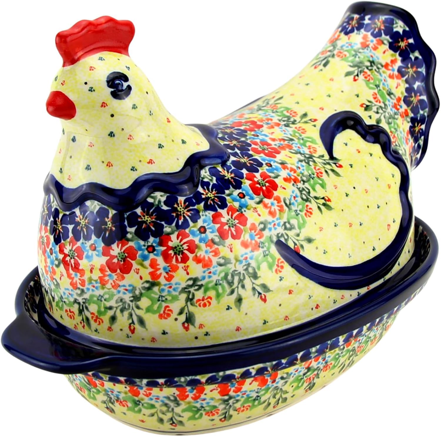 Polish Pottery Market Hen Covered Baker - Handcrafted Polish Stoneware by Zaklady Boleslawiec - Oven Safe - Floral Peacock Pattern