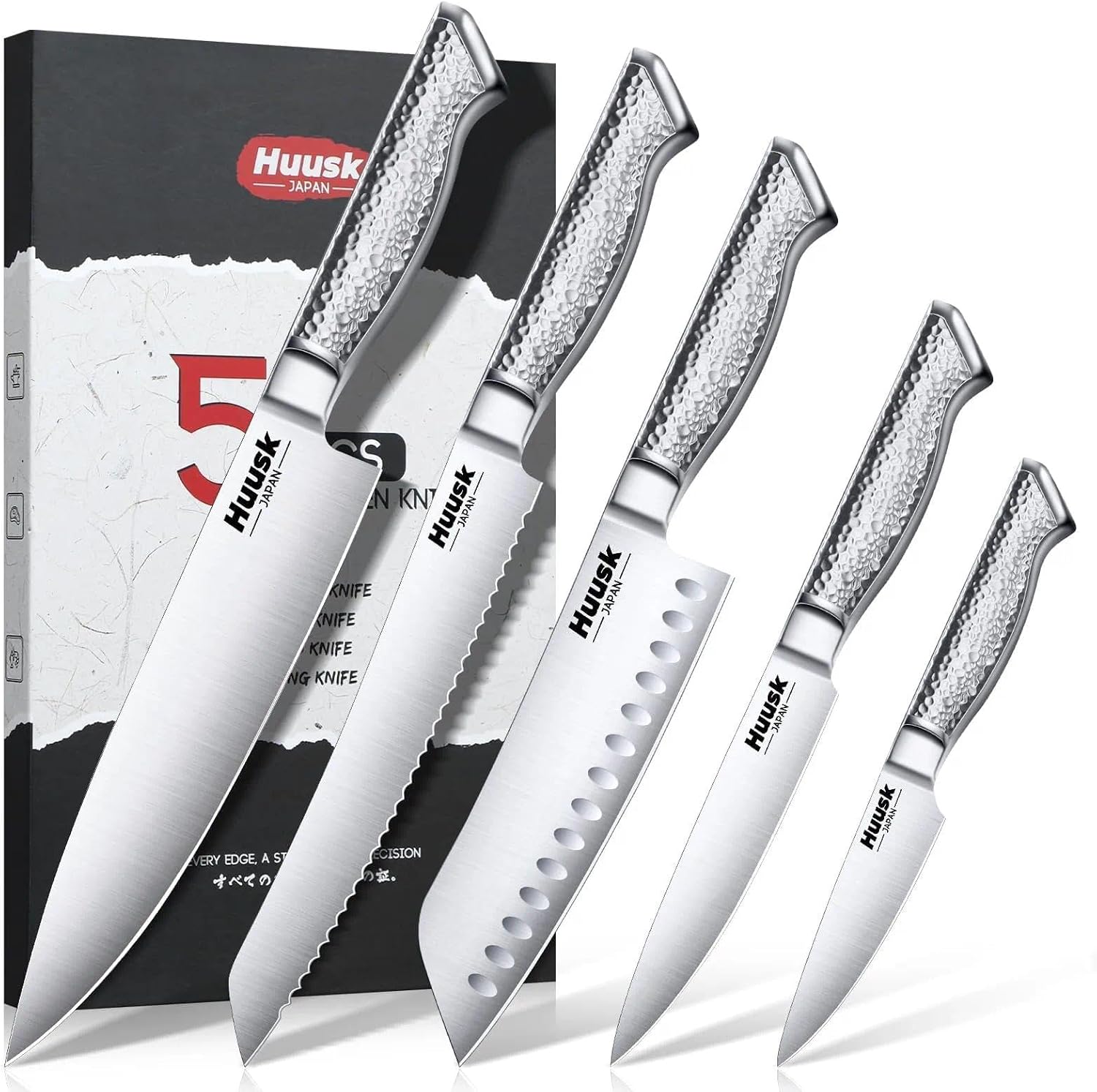 Huusk Chef Knife Set of 5, Japanese Stainless Steel Knife Set Dishwasher Safe, Ultra Sharp Kitchen Knives Sets with Ergonomic Anti-slip Handle, Professional Cooking Knives Sets, Christmas Gifts Ideas