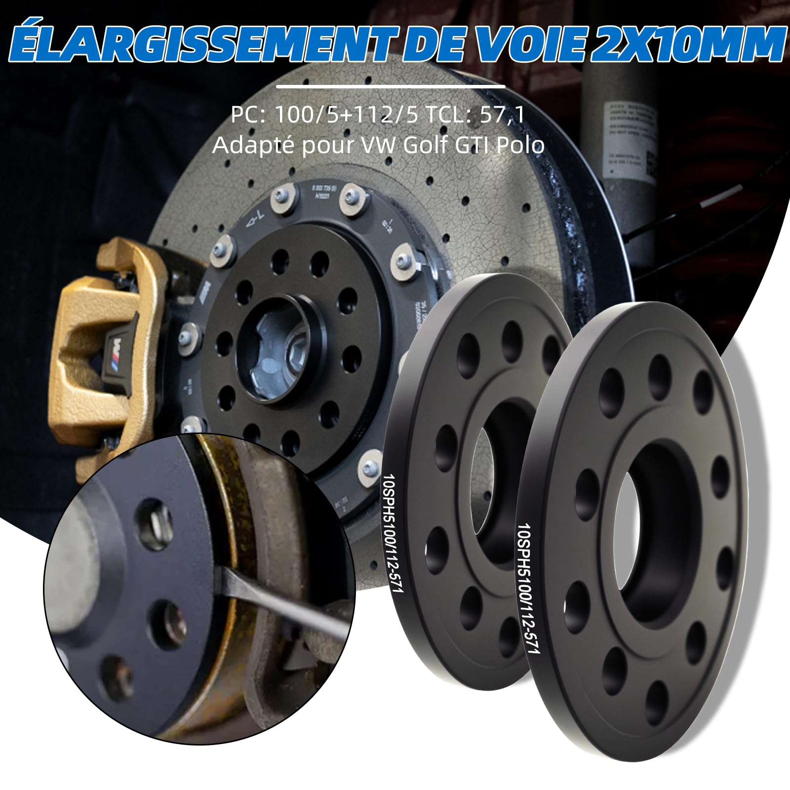 Jeu de 2 entretoises de Roue de 10 mm 5x100 + 5x112, avec boulons de Roue allongés M14x1,5, Trou Central 57,1 mm, Convient pour Volkswagen Golf GTI/Polo et Autres modèles