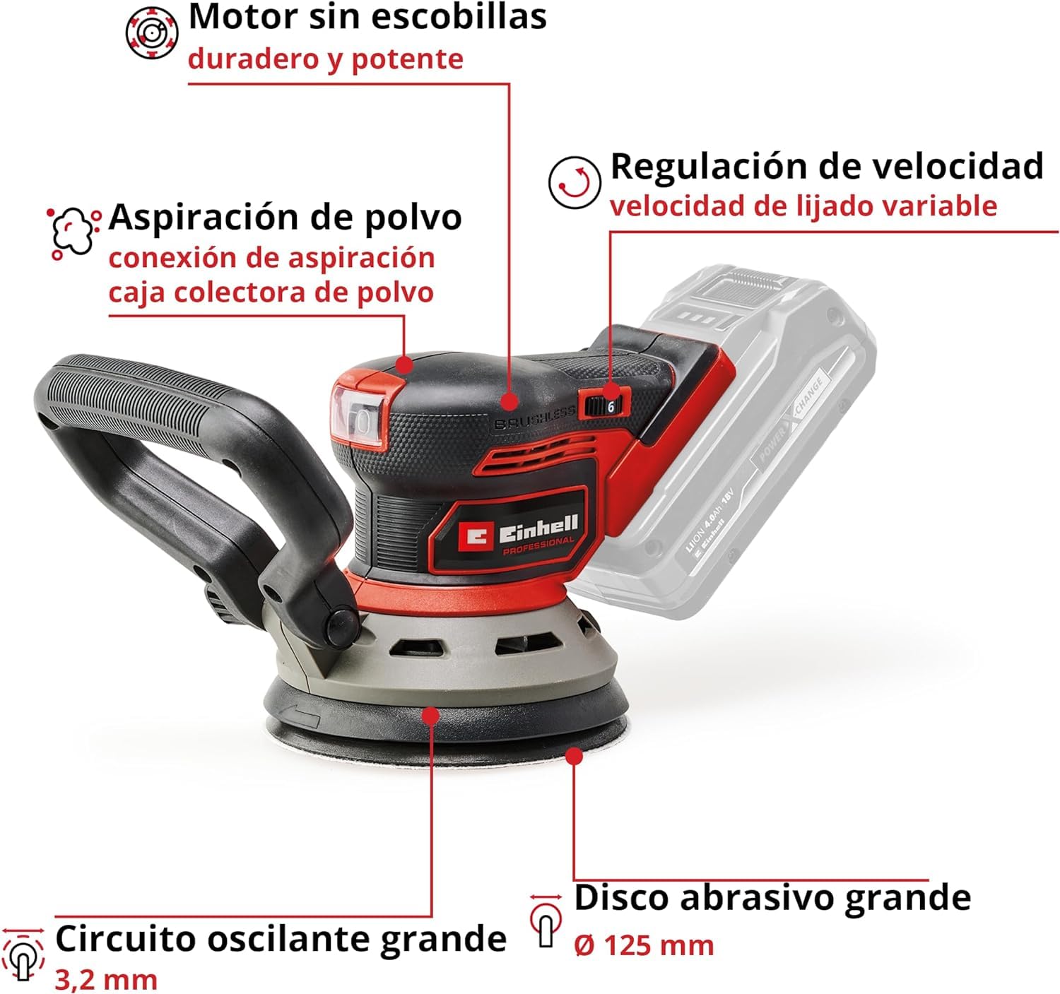 Einhell Professional Lijadora excéntrica con batería TP-RS 18/32 Li BL-Solo Power X-Change (18 V, sin escobillas, circuito oscilante 3,2 mm, disco abrasivo 125 mm, incl. papel de lija, sin batería)
