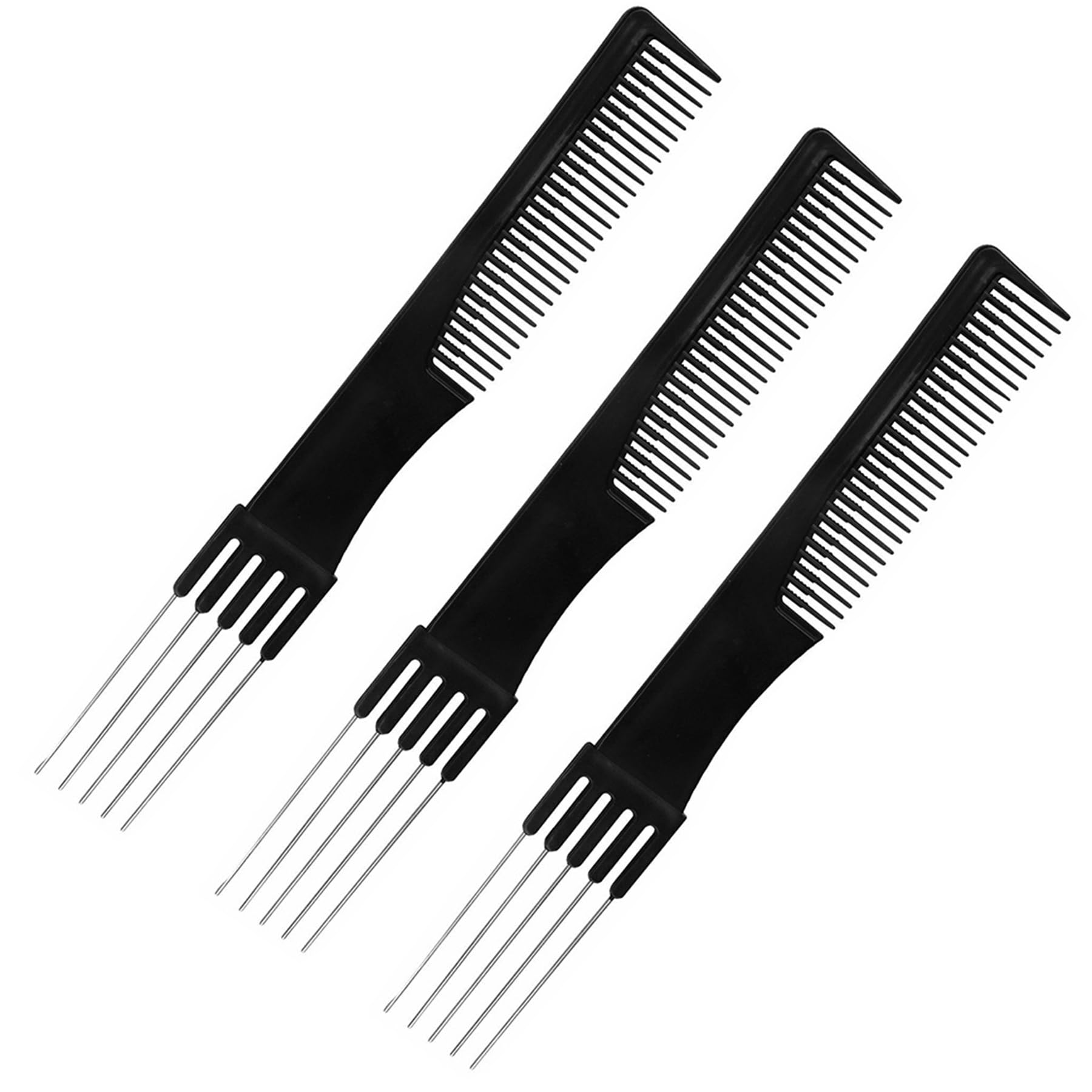 3 Packs Teasing Comb with Metal Pick Combs for Women Hair Pick Comb for Hairstylist (3pcs black)