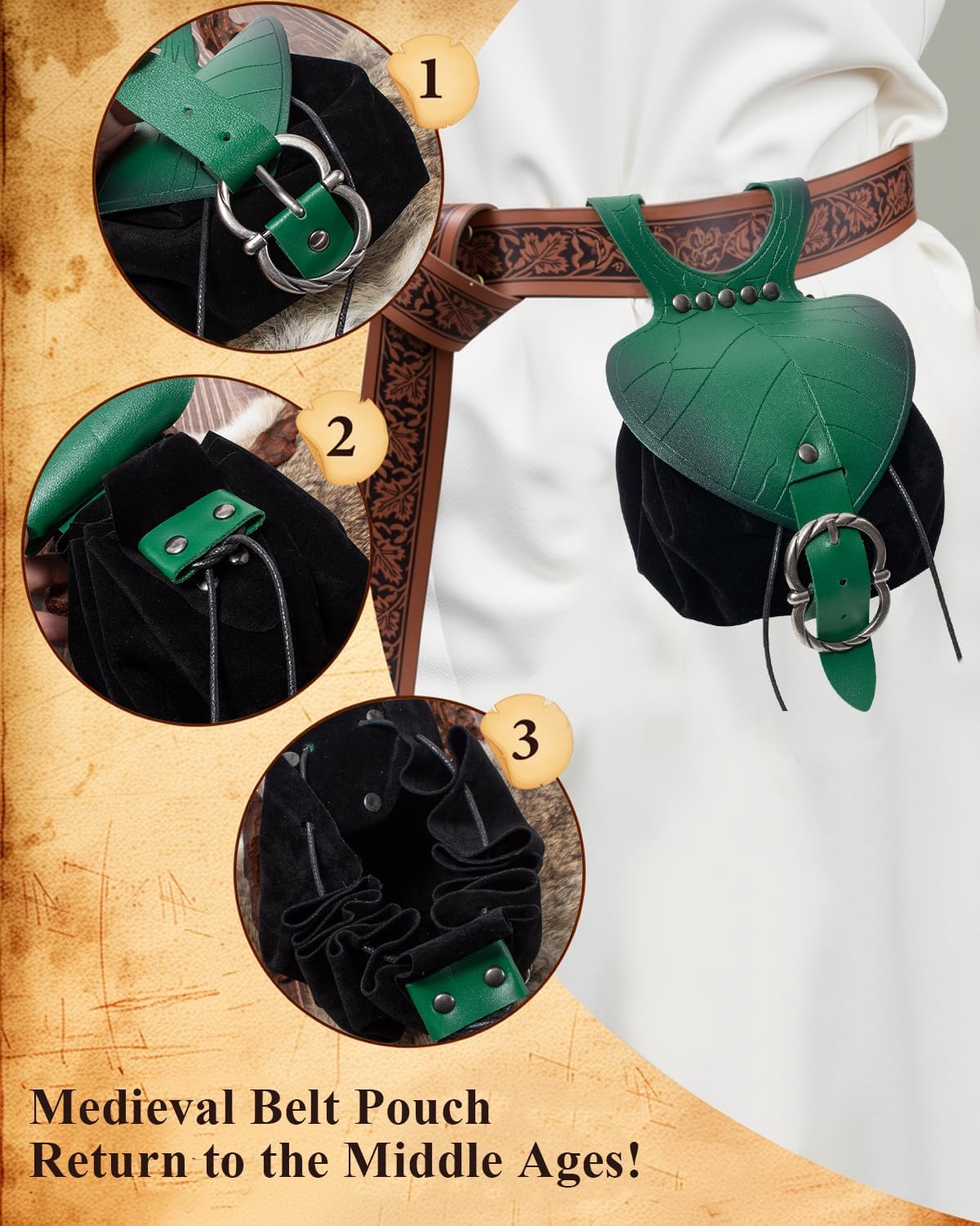 Leather Belt Pouch Medieval Vintage Renaissance Viking LARP Cosplay Costumes Drawstring Coin Purse Phone Holder Waist Bag (Leaf Black) - Image 3