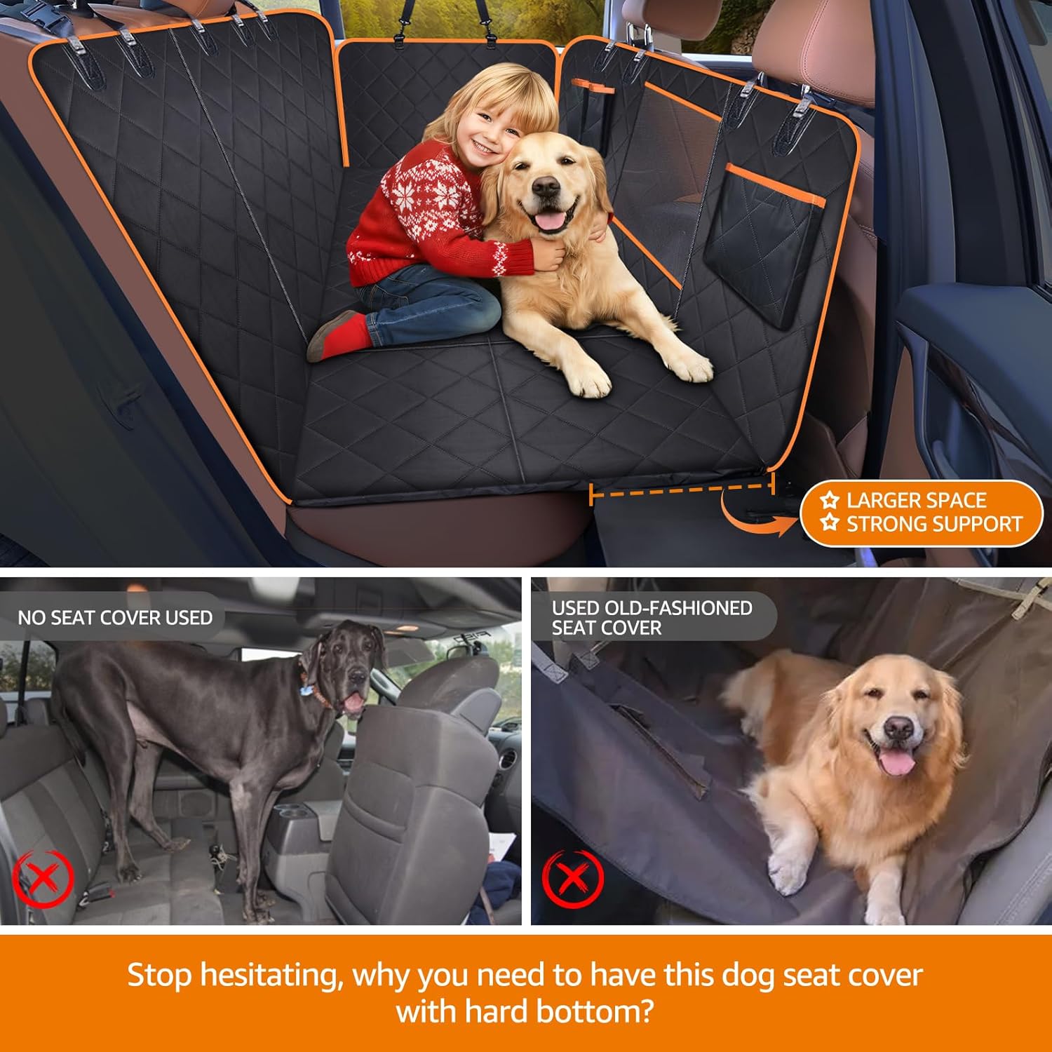 iBuddy Car Seat Cover for Dogs Offer Large Space Hard Bottom Back Seat Extender Support 420LB, Waterproof Dog Hammock Protects Rear Seat from Fur, Scratches and Dirt for Car/SUVs Easy to Clean
