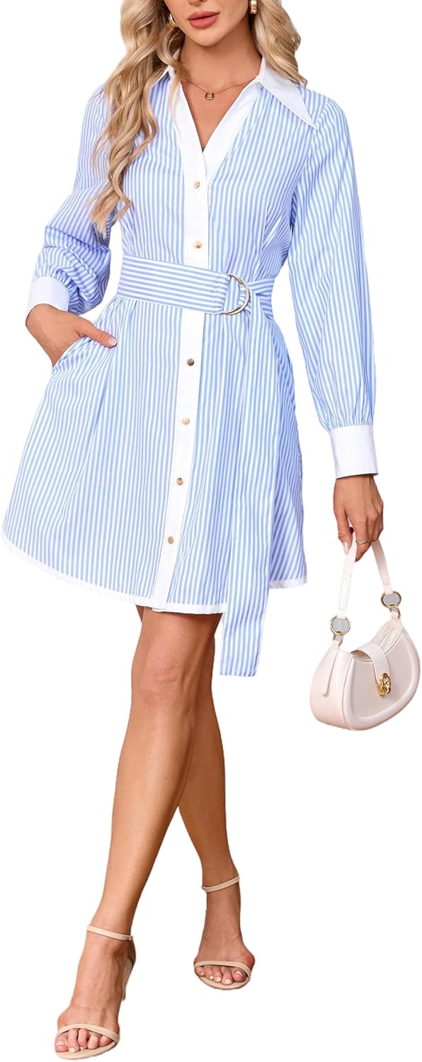 Womens Long Sleeve Shirt Dress Cotton Striped Button Down V Neck Mini Tunic Dress Belted Dresses with Pockets - Image 6