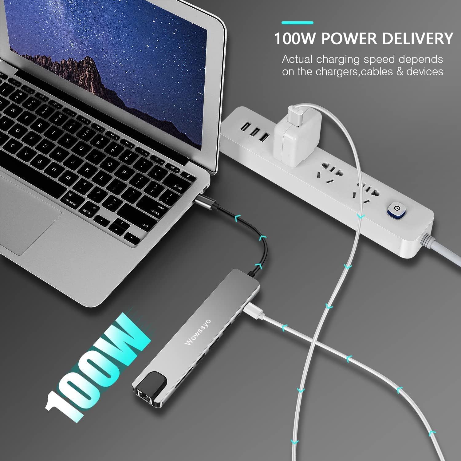 Wowssyo Hub USB C Ethernet 8 in 1, Docking Station USB C,Multiporta USB Hub, HDMI 4K, PD 100 W, USB 3.0, SD/TF, USB-C, Adattatore MacBook M1 Air Pro, per iPad, Switch, Chromecast, Cellulare e altro