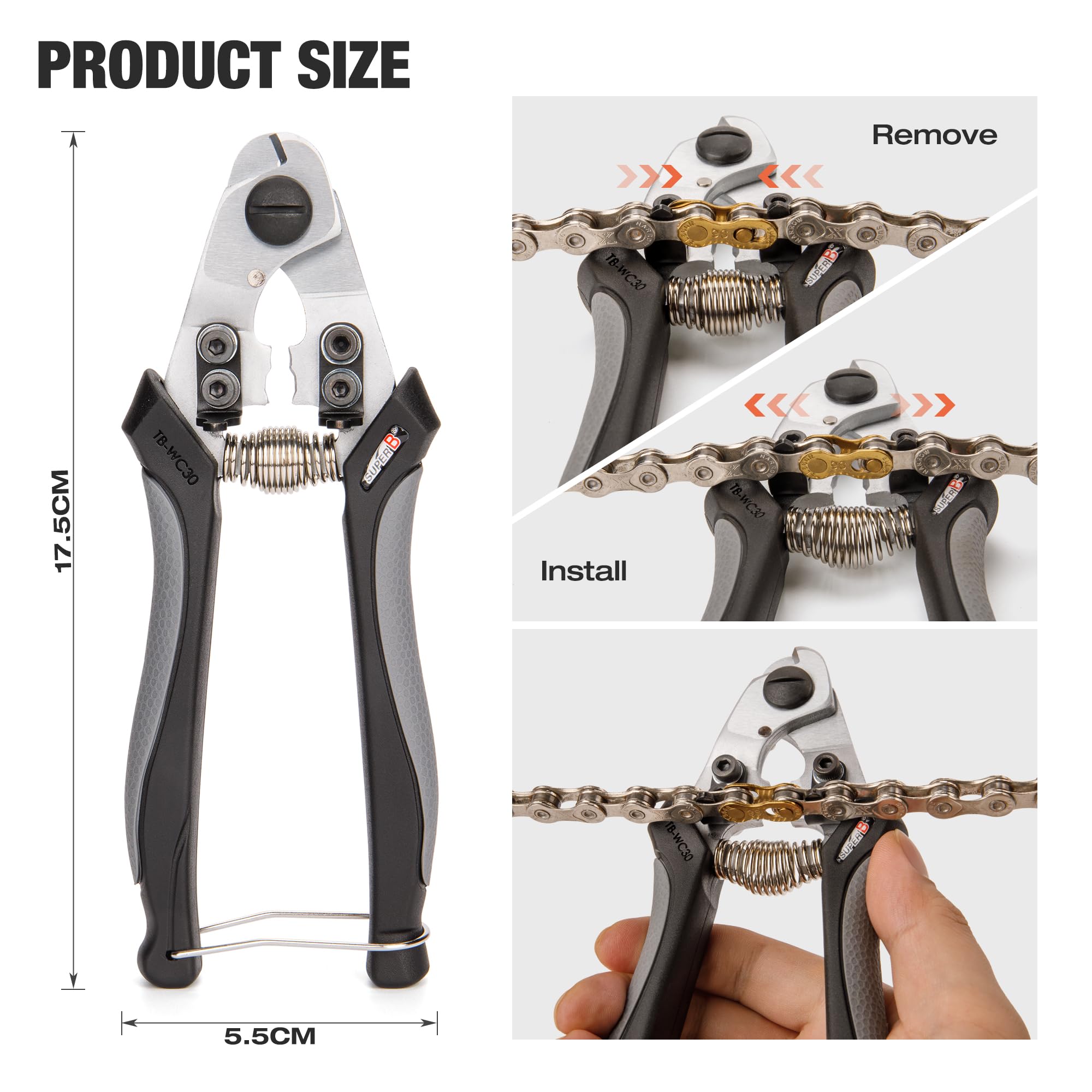 Super B Robuste Kabelschneider, präzises Draht- und Kabelschneiden mit Crimpen, Gehäuseendformung und Schnellverbindungswerkzeug für Fahrräder, ergonomischer Griff, federbelastetes Design (TB-WC31)