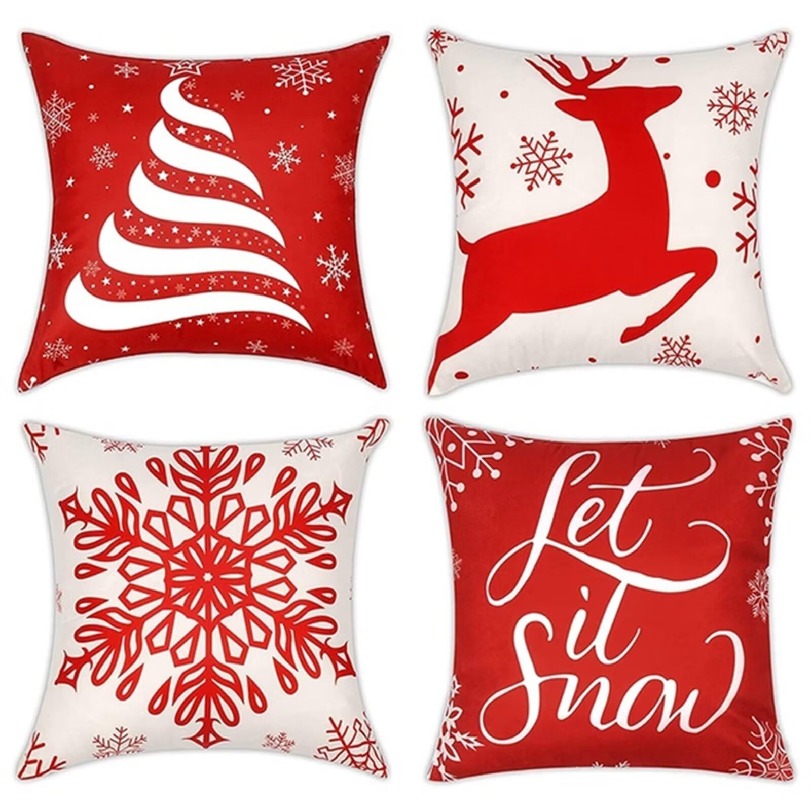 Juego de 4 Impermeable Funda de Cojín Ciervo de nieve roja,45x45cm Moderno Suave Transpirables Lino Fundas de Almohada Cojines Decorativos con Cremallera Oculta para Exterior Sofá Cama Coche Hogar