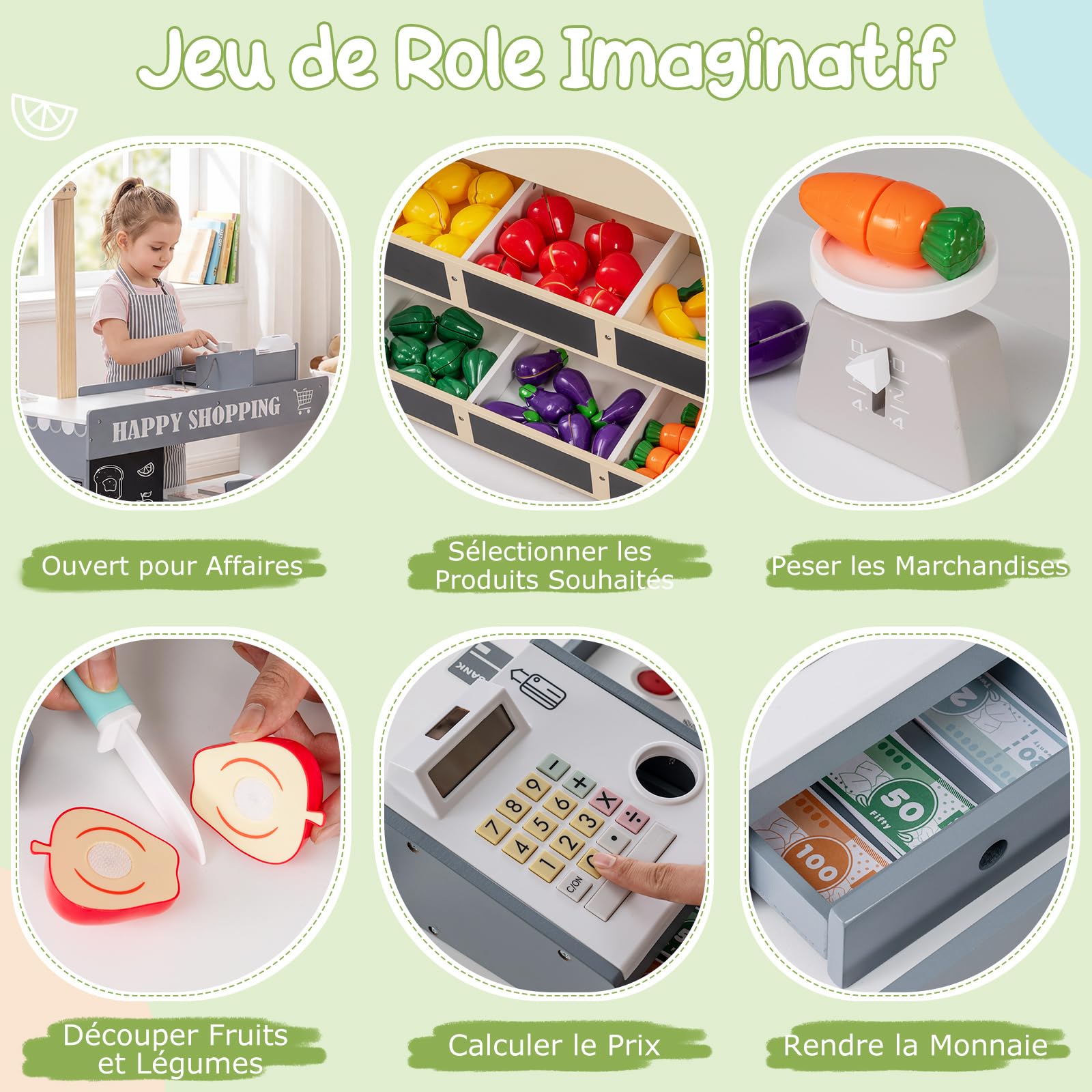 COSTWAY Marchande Enfant avec Distributeur Automatique et Chariot de Courses, Supermarché Enfant en Bois avec Comptoir de Caisse et 2 Tableaux Noirs, Étagères, Jeu d’Épicerie pour 3 Ans+