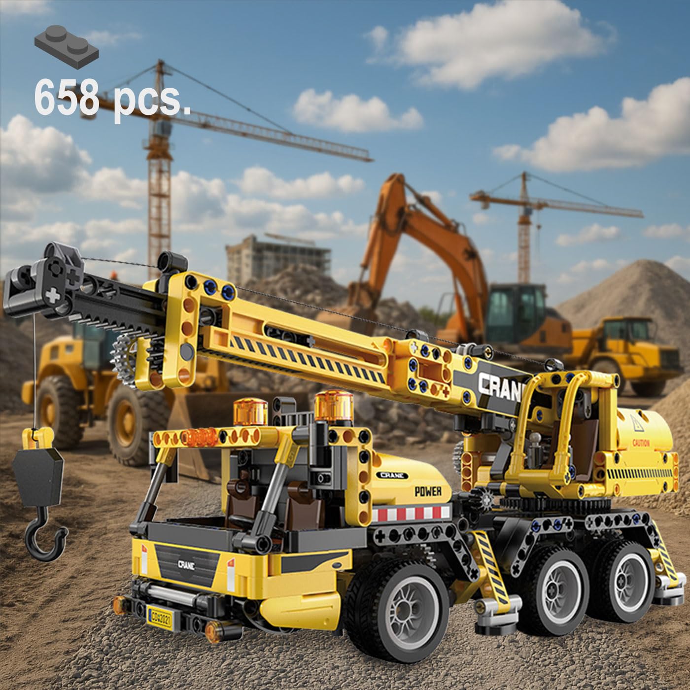 JAMARA 402886 CADA Mobilkran Bricks - Baustellenfahrzeuge ab 8 Jahre, Kinder Technik Jungen Spielzeug, Geschenkidee für Kids, Fahrzeug aus Klemmbausteinen, Detailgetreues Design