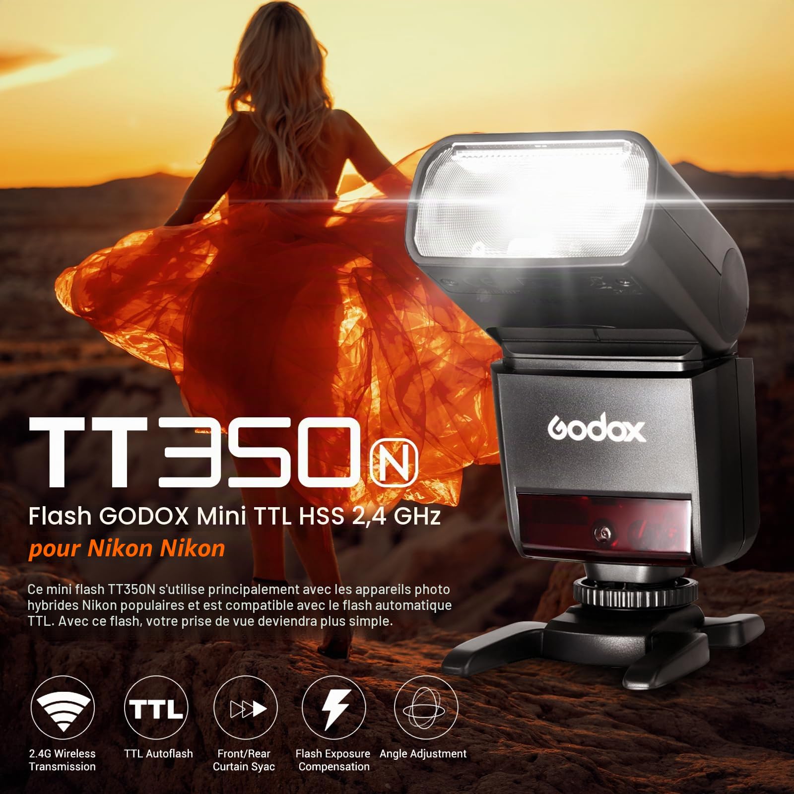 Godox TT350N Flash pour Appareils Photo Nikon, 2.4G TTL Compact Flash Speedlite HSS 1/8000S, Fonction Maître et Esclave, Environ 210 Flashs à Pleine Puissance, Externe Flash pour Appareil Photo Nikon