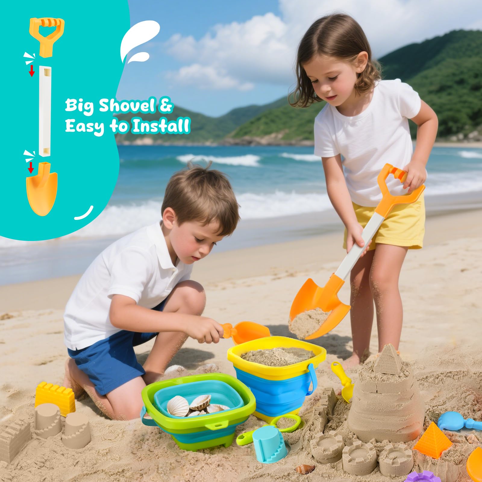 AuntyFey Collapsible Beach Toys for Kids Ages 4-8, Sand Toys for Toddlers Ages 3-4-8, Beach Toy Set with Collapsible Beach Buckets, Sandbox Toy for Kids with Castle Sand Mold and Large Shovels