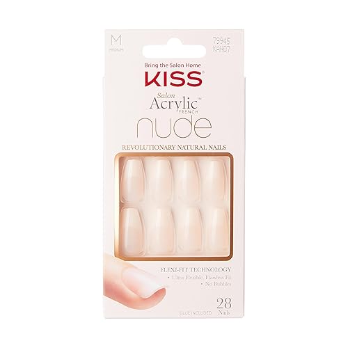KISS Juego de manicura francesa acrílica de salón 'Leilani', longitud media, uñas cuadradas nude, incluye pegamento de uñas de gel rosa de 0.07