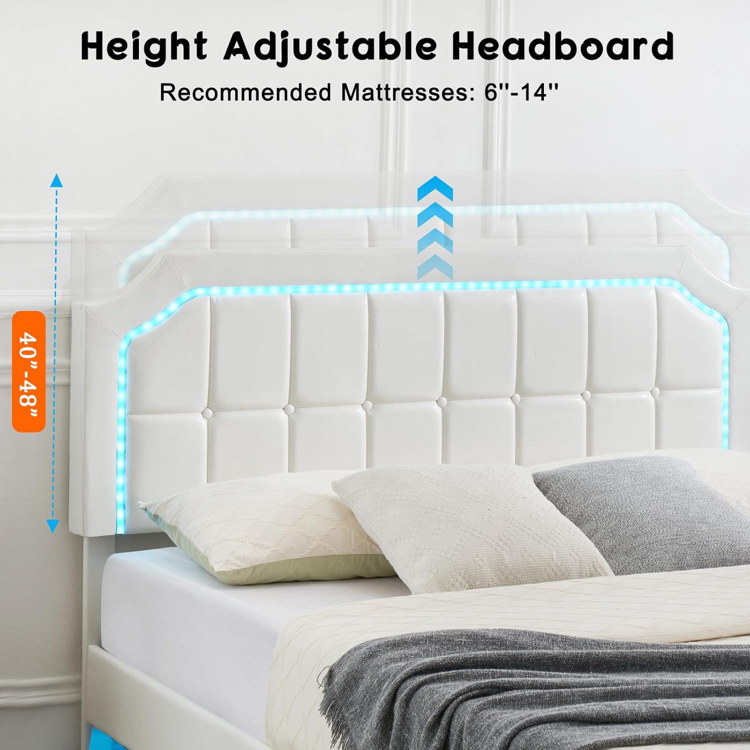 Diagram illustrating the adjustable height range of the Garvee bed frame headboard, from 40 to 48 inches, with recommended mattress thickness of 6 to 14 inches.