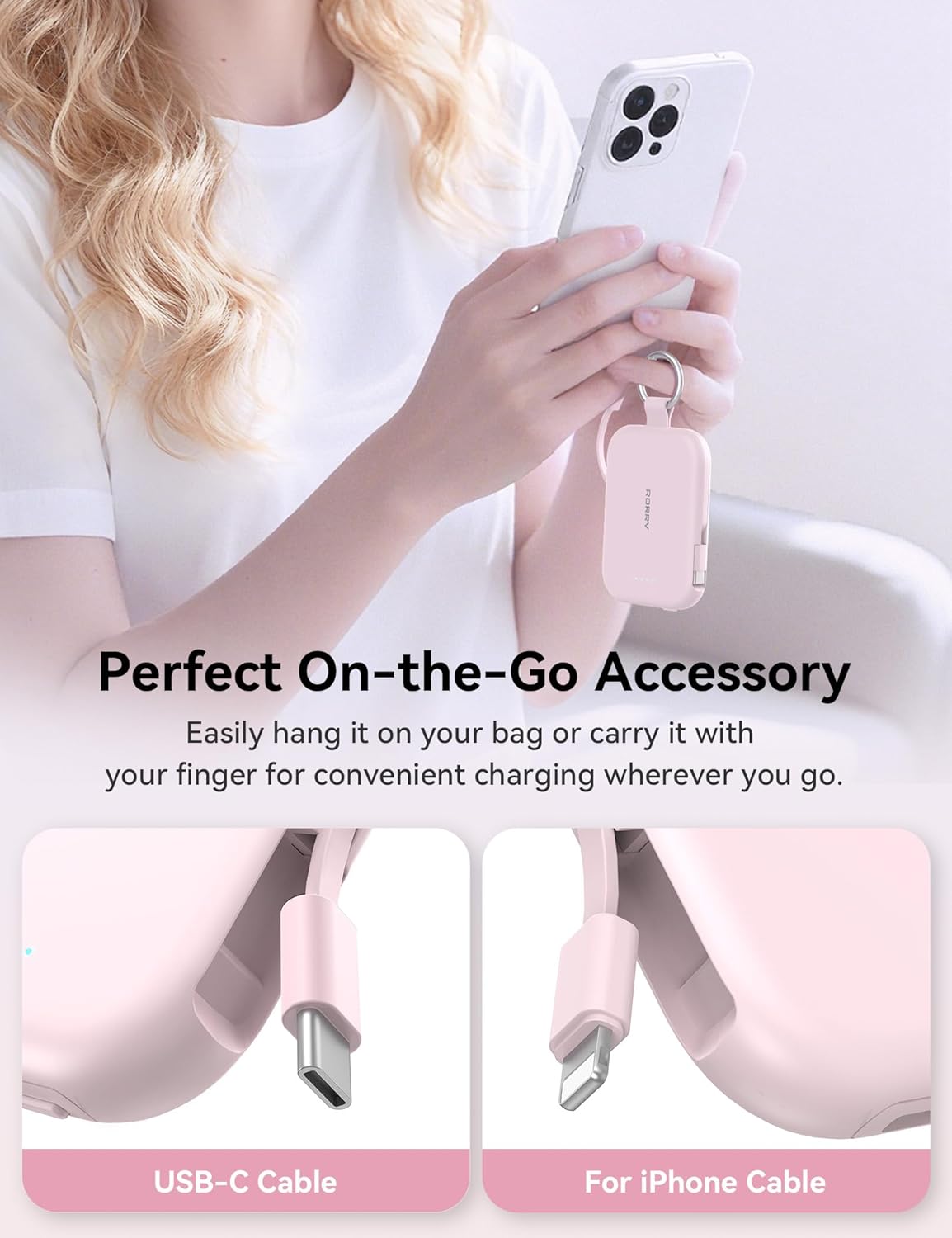 RORRY Portable Charger, 5000mAh Portable Charger Power Bank with Built-in Cables, Travel Keychain Charger Battery Pack for iPhone 17/16/15/14/13/12, for AirPods 2/3/4/Pro, Pink - Image 2