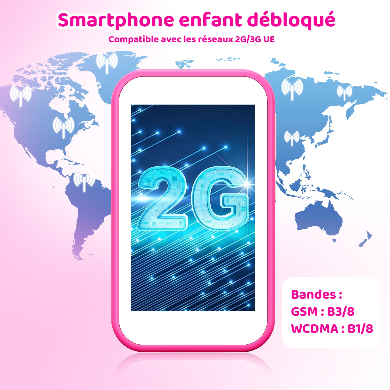 CHAKEYAKE Téléphone Enfant, Smartphone Enfant Mini sans Abonnement, Écran Tactile HD 3,5", Appareil Photo, Jeux Éducatifs, Batterie 1000 mAh, USB-C, Cadeau Noël & Anniversaire Enfants 3-12, Rose