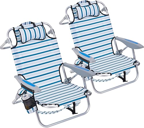 Miniatura 8 de Paquete de 2 sillas de playa ligeras y portátiles para adultos, sillas de playa plegables planas al aire libre con 5 posiciones, silla de playa con
