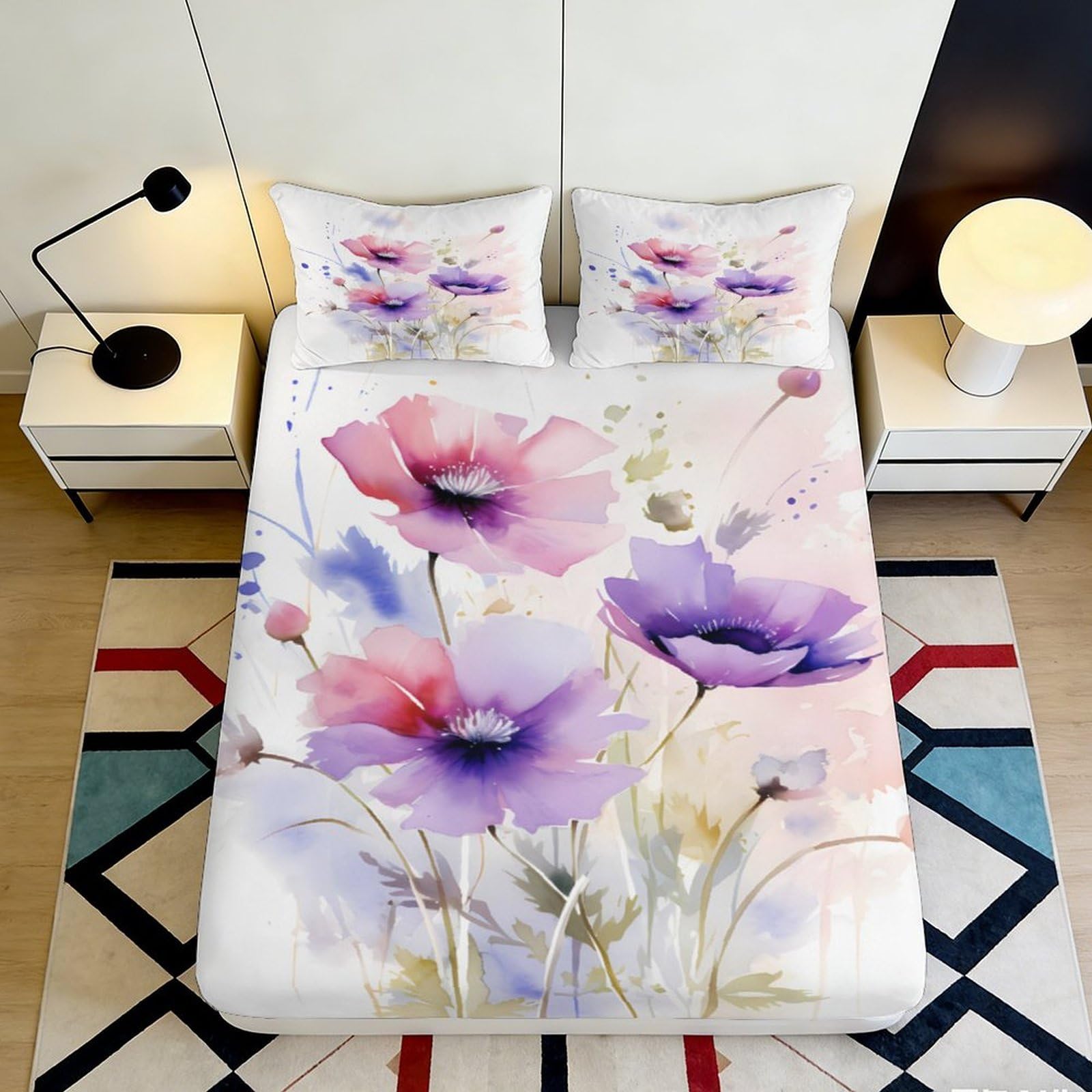 3D Printed Watercolor Floral Fitted Sheet Microfiber Soft Pink Purple Blossom Mattress Cover for Bedroom Guest Room Decor 90x200x25cm