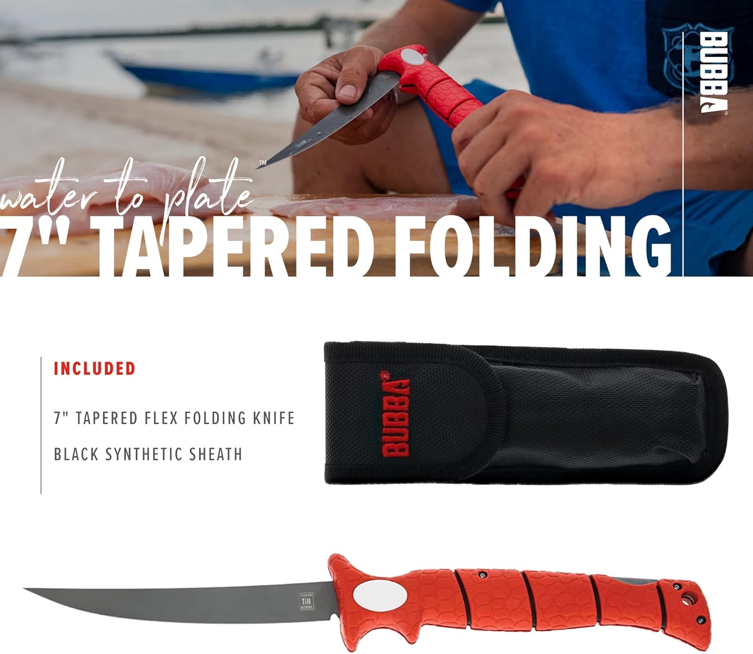 BUBBA 7" Tapered Flex Folding Knife with Non-Slip Grip Handle, Offset Full Tang Stainless Steel Blade, Lanyard Hole and Synthetic Sheath for Fishing