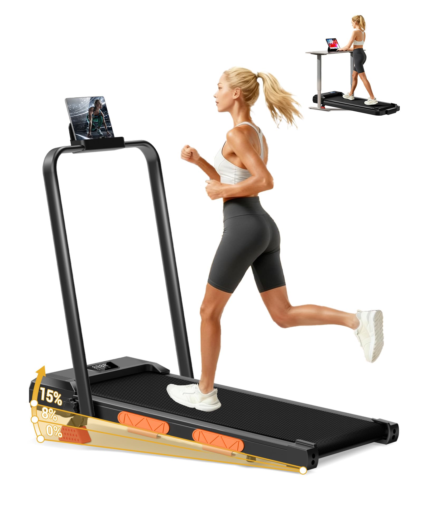 2.5HP Foldable Walking Pad with 15% Incline 0.6-6.2MPH Under Desk Compact Treadmills for Home
