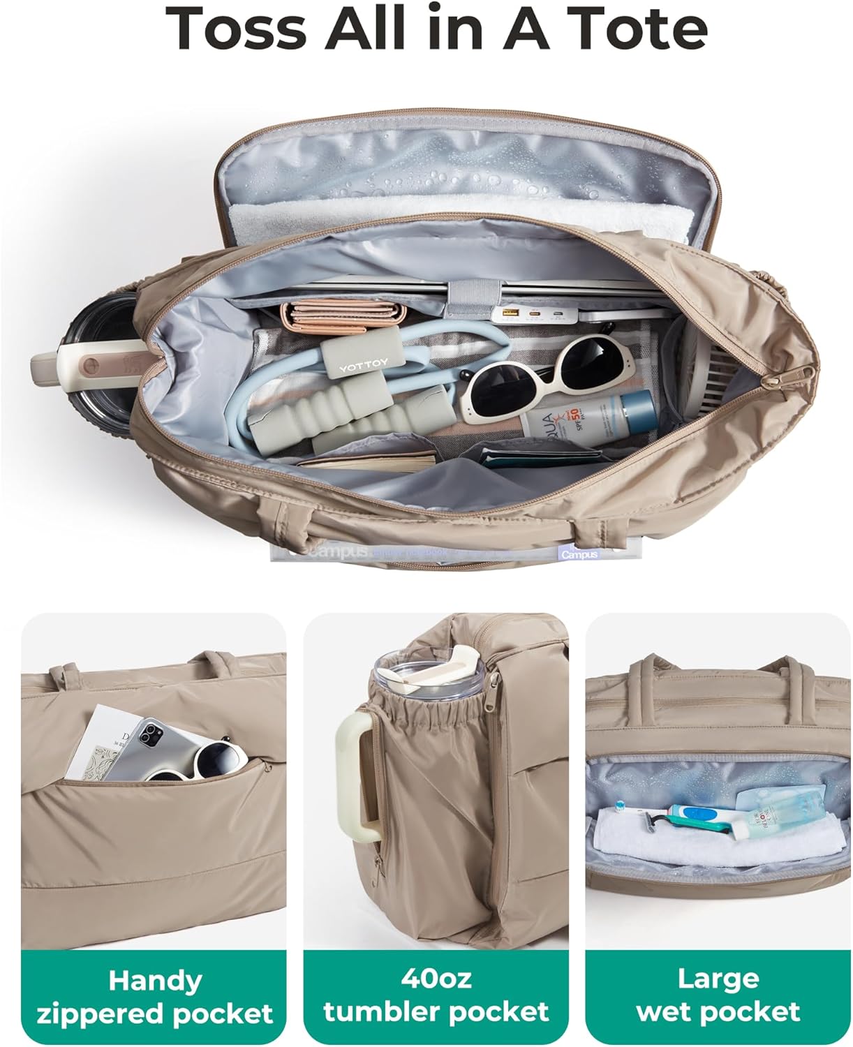 BAGSMART Tote Bag for Women, 22L Puffer Gym Bag for 40oz Tumbler, Work Tote Handbag for Travel Yoga College - Image 4