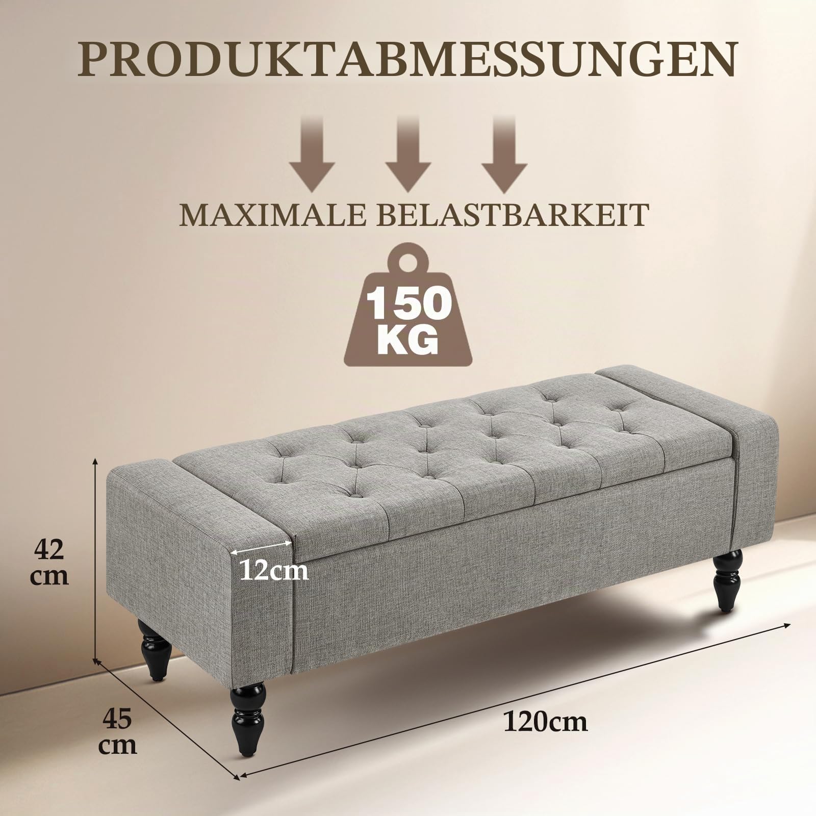 Hellove Sitzbank mit Stauraum & Polster – Multifunktionale Aufbewahrungsbank als Truhenbank, Sitzhocker & Ottomane für Wohnzimmer, Flur, Schlafzimmer, stilvolle Sitzbank mit großem Staufach, Grau