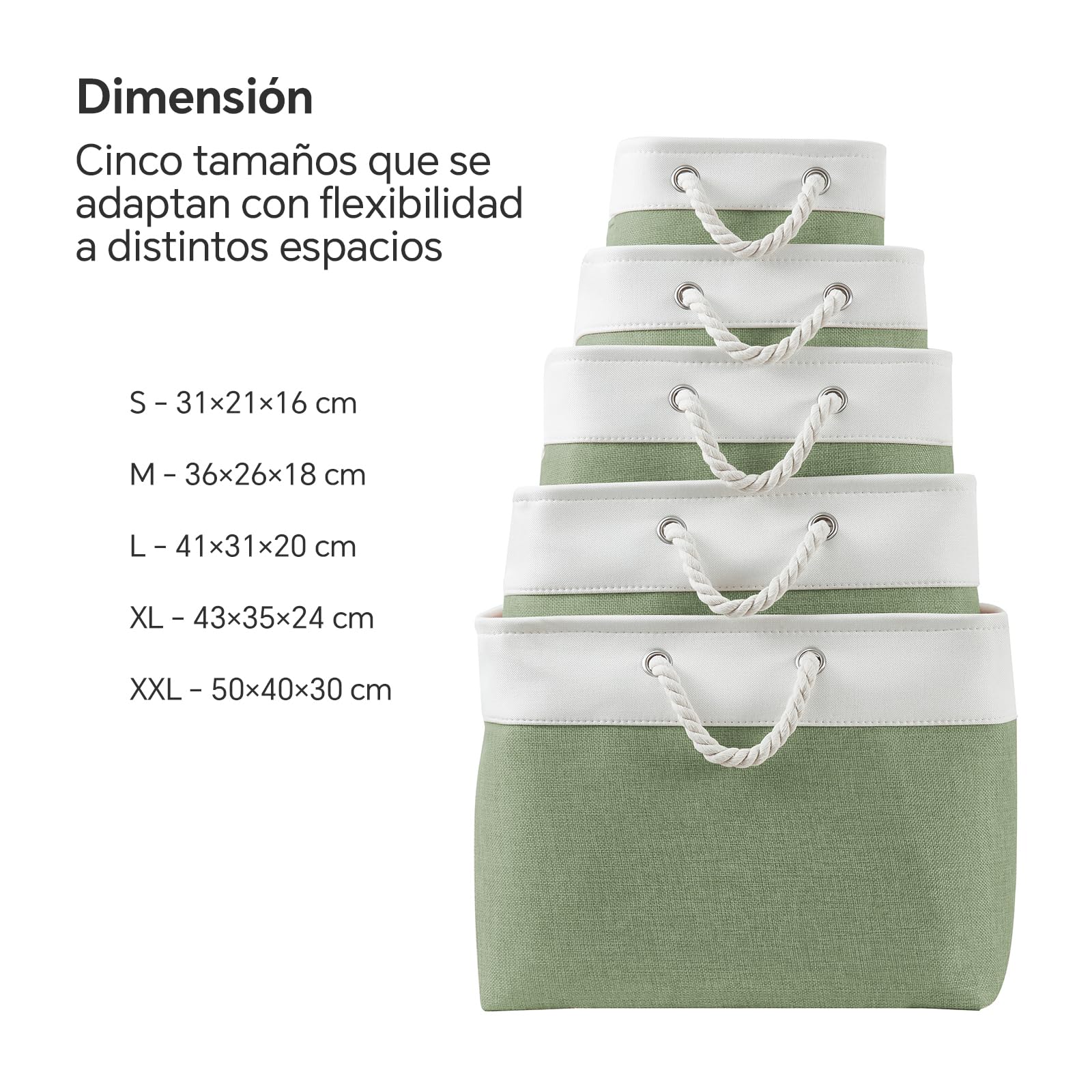 Mangata Cesta de almacenamiento de tela suave, caja de almacenamiento con asas de cordón, cestas contenedoras rectangulares para armario, vestidor, baño, estante, 36 x 26 x 18 cm, Verde y Blanco