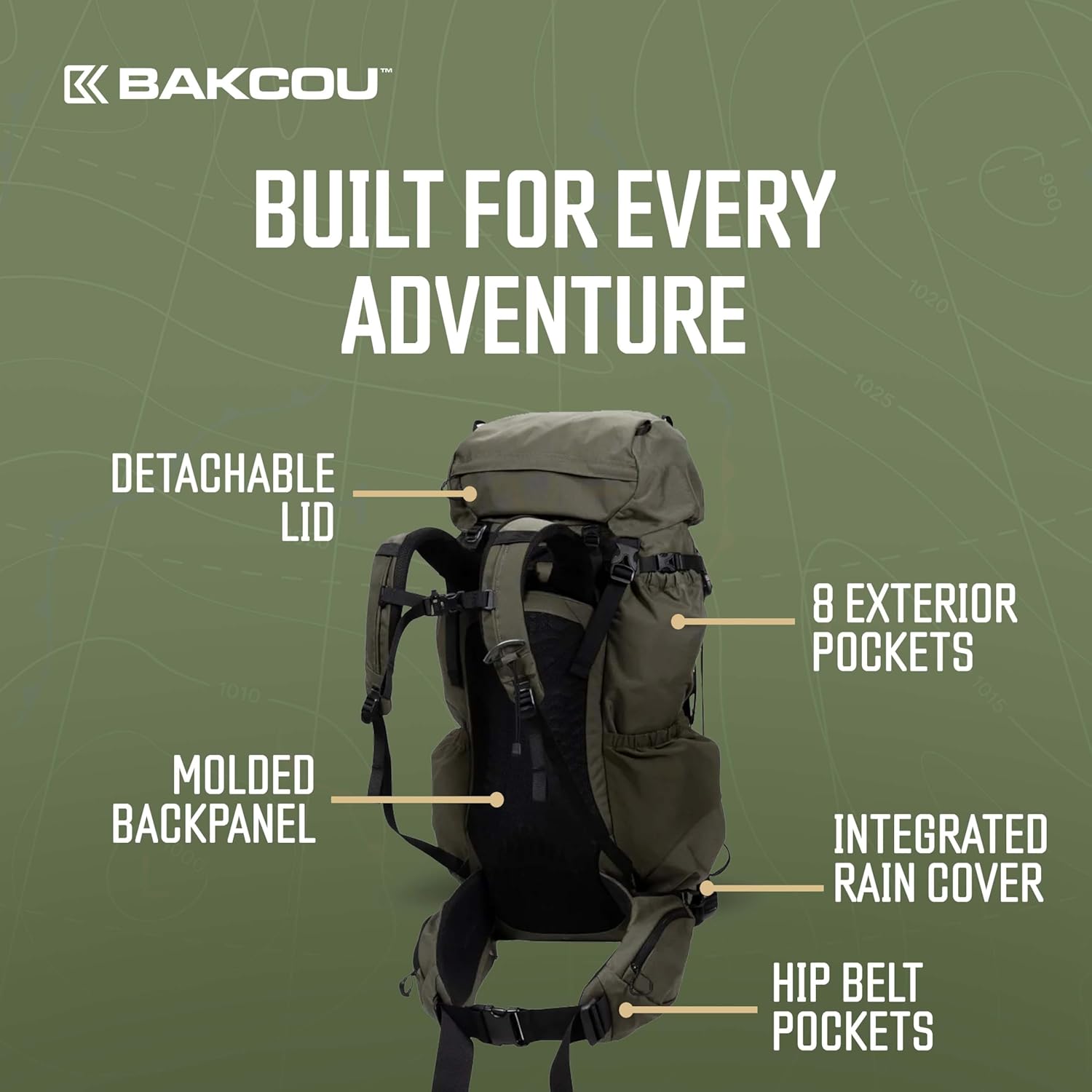 Bakcou - Ridgpak 40L Hunting Backpack - Durable 500D Cordura, Molded Backpanel, Raincover, Hydration Sleeve, Dual Rifle - Scope Pockets