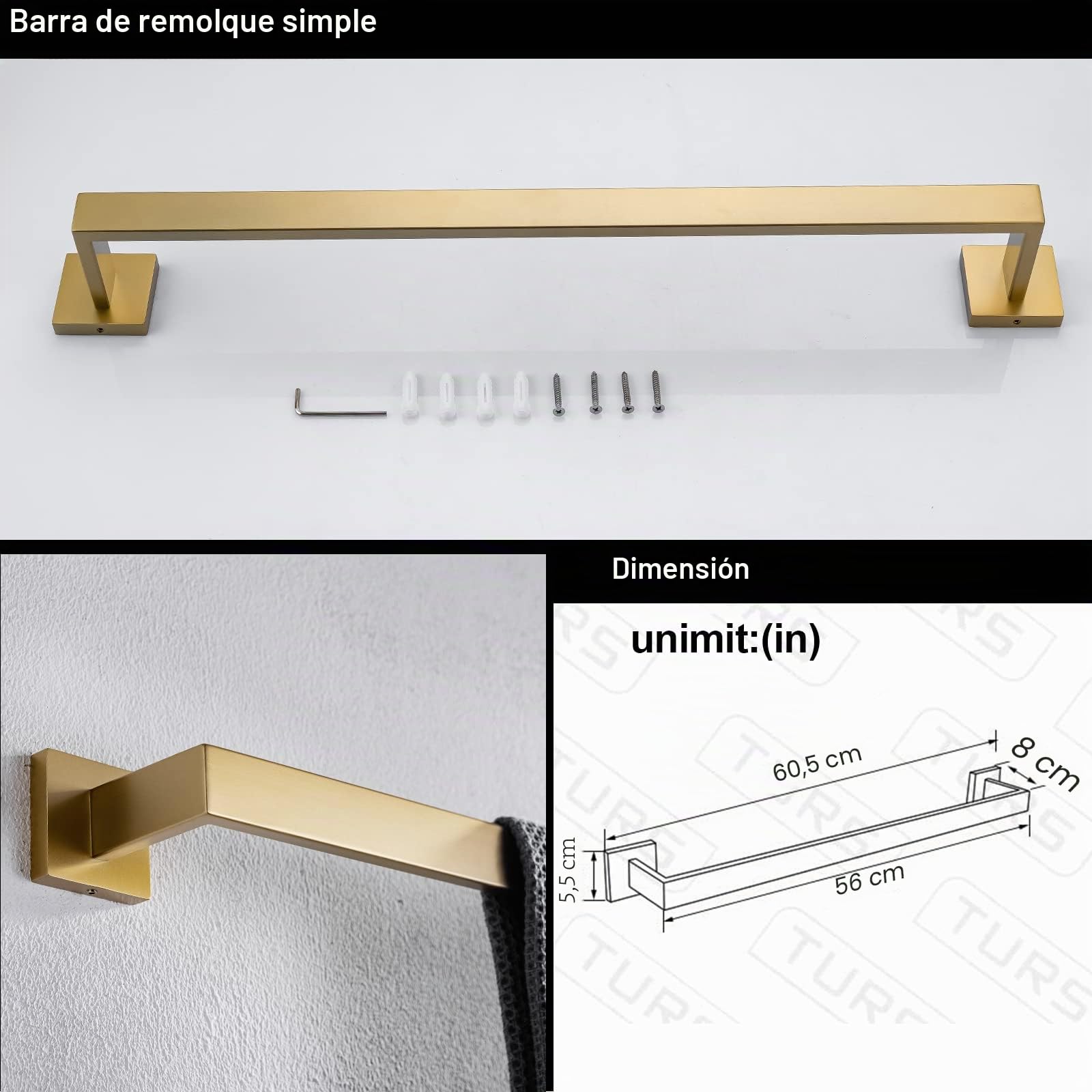 TURS Juego de 4 accesorios de baño de acero inoxidable cuadrado para toallero, montado en la pared, oro cepillado, Q7GD-4PC-60CM
