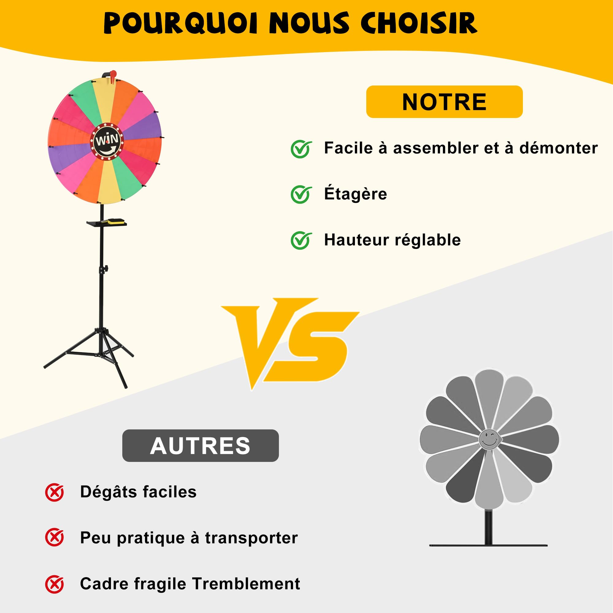 bimiti Roue de la Fortune à Tourner de 61 cm Roue de Prix avec 14 Couleur Emplacements Prize Wheel Support Réglable de 100 à 160 cm Roue de Loterie avec 2 Accessoires Roue rotative Jouet