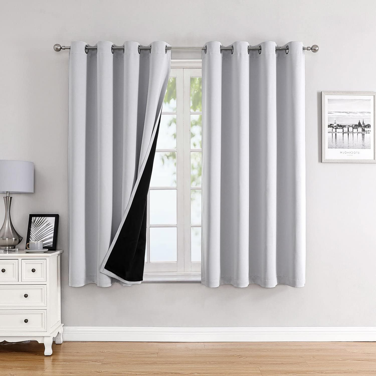 ChrisDowa 100% Blackout Curtains for Bedroom with Black Liner, 2 Thick Layers Total Blackout Thermal Insulated Grommet Window Curtains 2 Panels Set (Greyish White, 52 x 63 Inch) 52"W x 63"L (Pack of 2) Greyish White