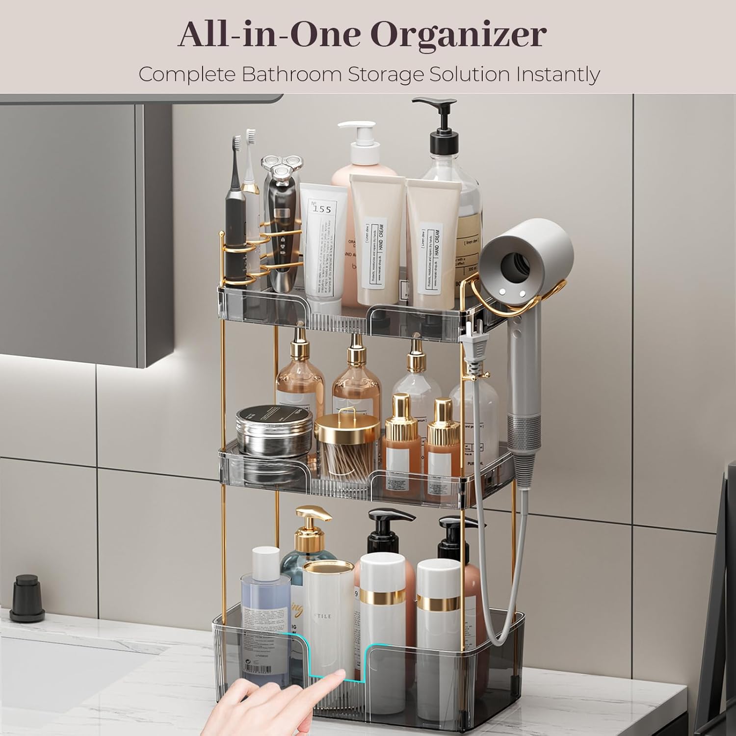 Aveniee Bathroom Counter Organizer,3 Tier Skincare Perfume Countertop Storage with Hair Dryer Rack and Toothbrush Holder, Cosmetic Makeup Tray for Vanity,Grey