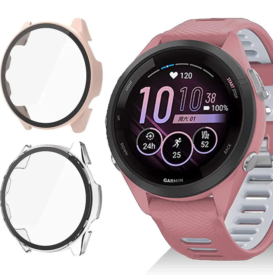 Compatible for Garmin Forerunner 265S Case,Blueshaweu Hard PC Case with Tempered Glass Screen Protector Compatible with Garmin Forerunner 265S 42mm Smartwatch (Garmin 265S 42mm, Glass case-Pink+Clear)