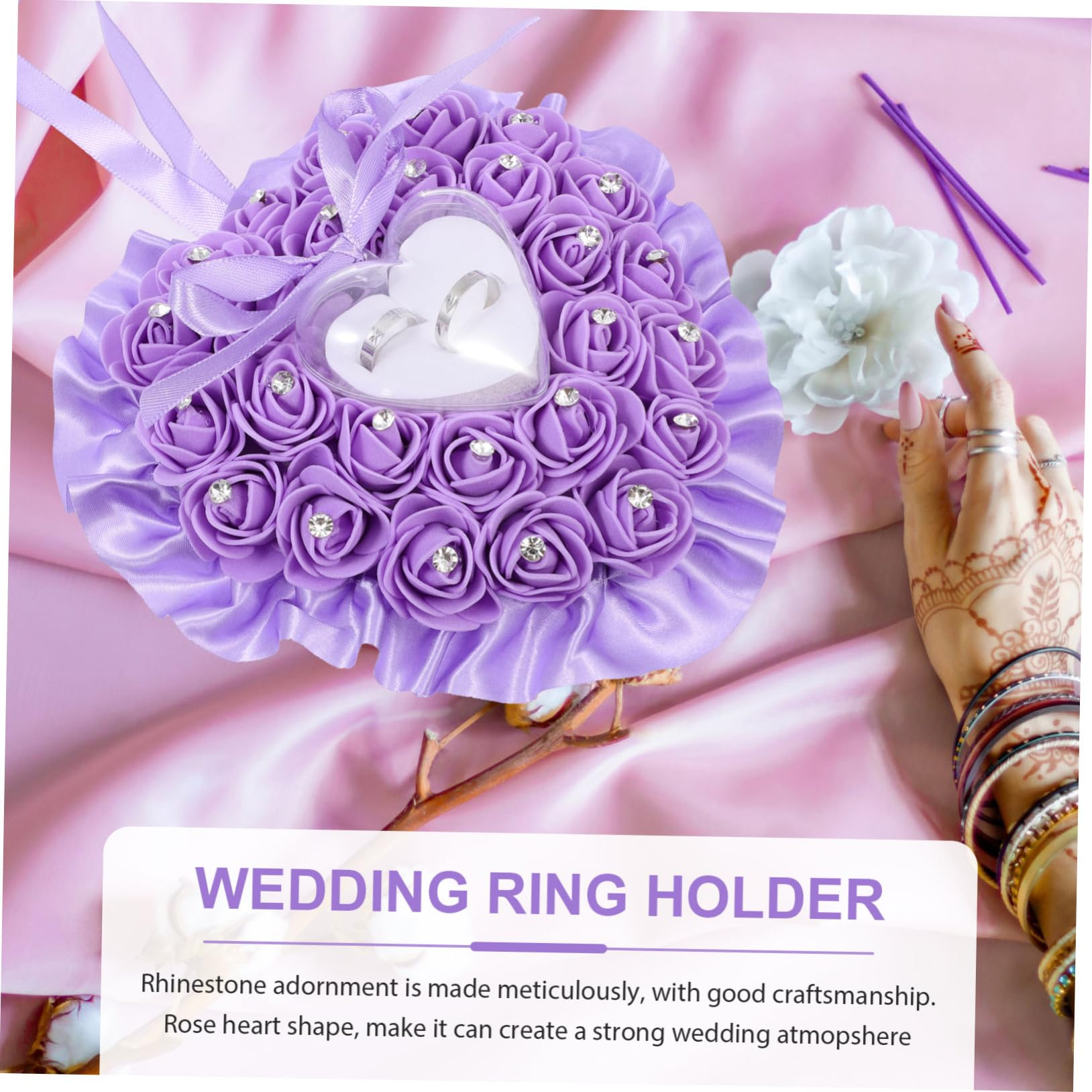 Coussin D'alliances de Cœur Rose Pourpre, Élégant et Romantique, Création D'ambiance Mariage Rangement Bagues en Mousse et Plastique