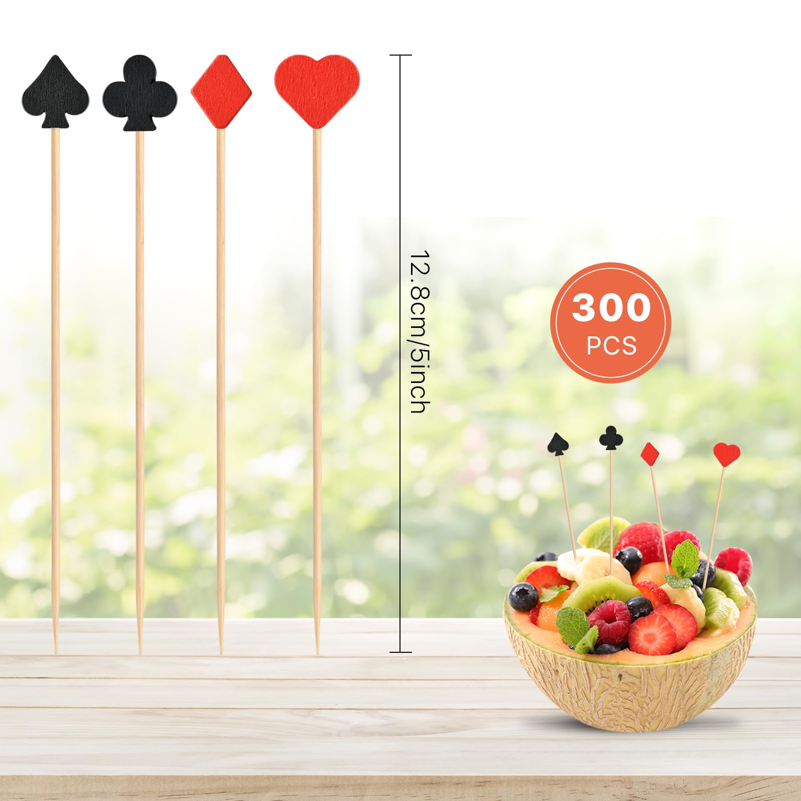 Aemygo 300 Pcs Casino Cocktail Toothpicks, Bamboo Appetizer Toothpicks Poker Party Decorations Cocktail Picks for Drinks Casino Cake Decor Black and Red Poker Fruits Cake Picks