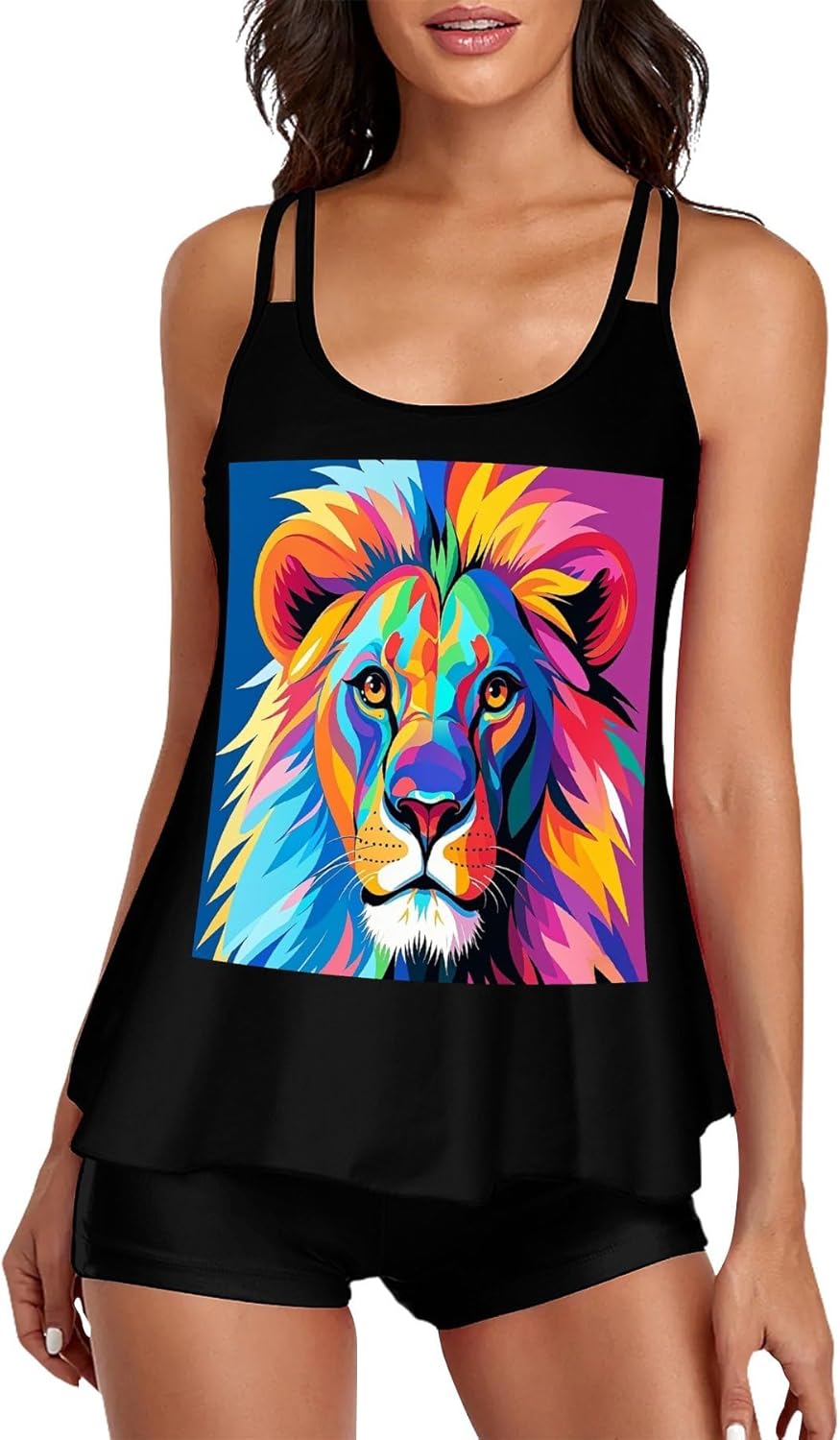 Colorful Lion Tankini Swimsuits for Women Tummy Control Two Piece Bathing Suits Swim Tops with Boy Shorts