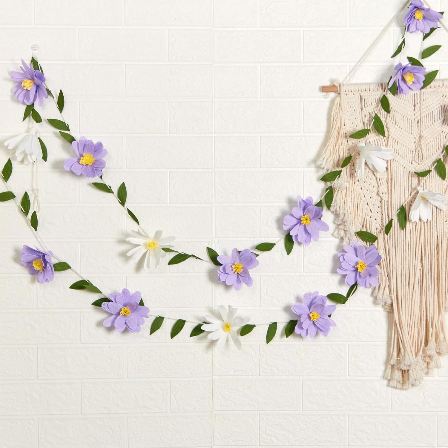 EASY JOY Crepe Paper Flowers Banner White Purple Spring Flower Garland Hanging Paper Florid Garland Leaves Banner for Spring Birthday Wedding Home Decorations