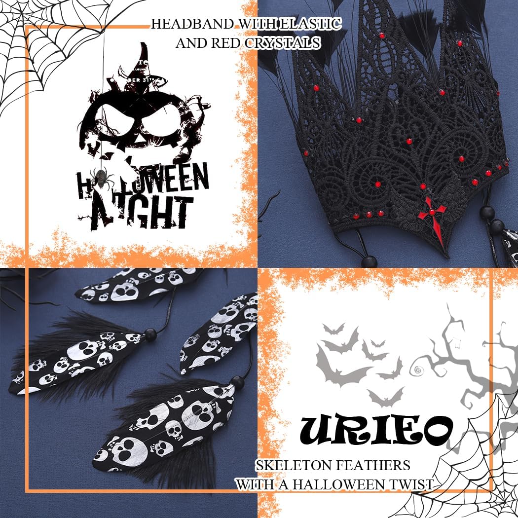 Urieo Gothic Lace Crown Headpiece with Skull Print Feathers, Black and Red Crystal Headband, Halloween Costume Accessory - Image 2