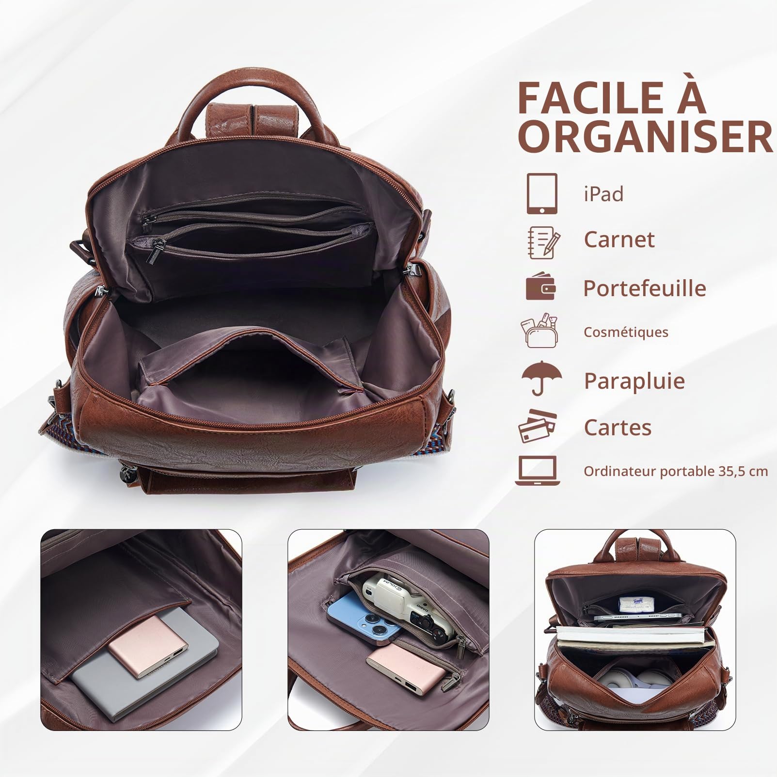 Petit Sac a Dos Cuir Femme Vintage, 2 en 1 Sacs à Main Portés Dos Femme Imperméable Cuir Sac à Dos élégant Plusieurs Poches Sac a Dos Antivol pour le Loisir, Voyage