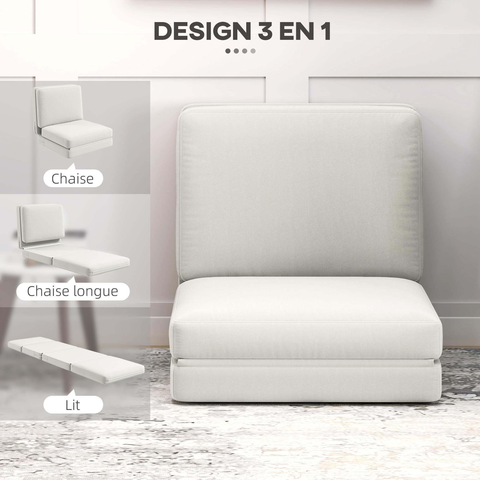 HOMCOM Canapé Convertible 1 Place Pliable Fauteuil Paresseux chauffeuse 1 Place canapé-lit en Velours pour invités, Salon, Charge 240 kg, 75 x 268 x 18 cm, crème
