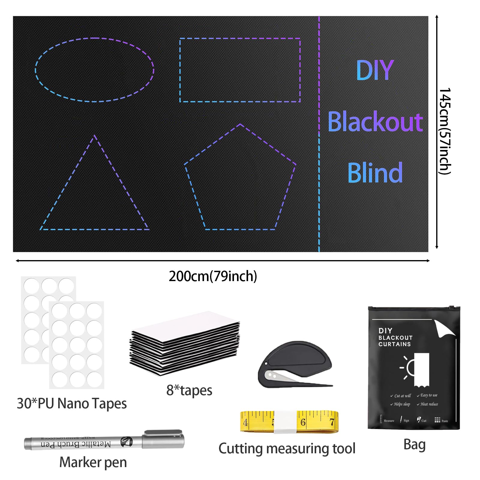 100% Blackout Blind,200x145cm Portable blackout curtains,No Drill Blinds Blackout for Windows Fits Any Size Shape,for Bedroom Nursery - Image 2