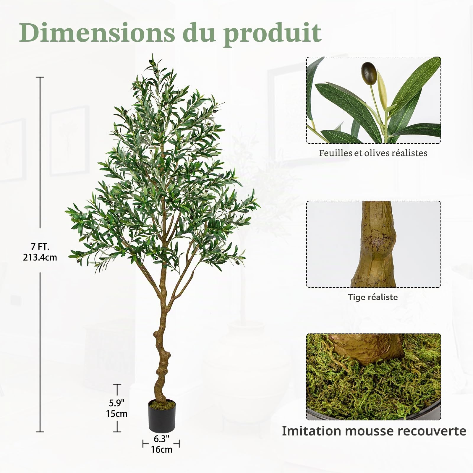 Oairse 210 cm - Olivier artificiel - Grandes plantes artificielles - En plastique - En pot - Pour la décoration de la maison, de la chambre à coucher