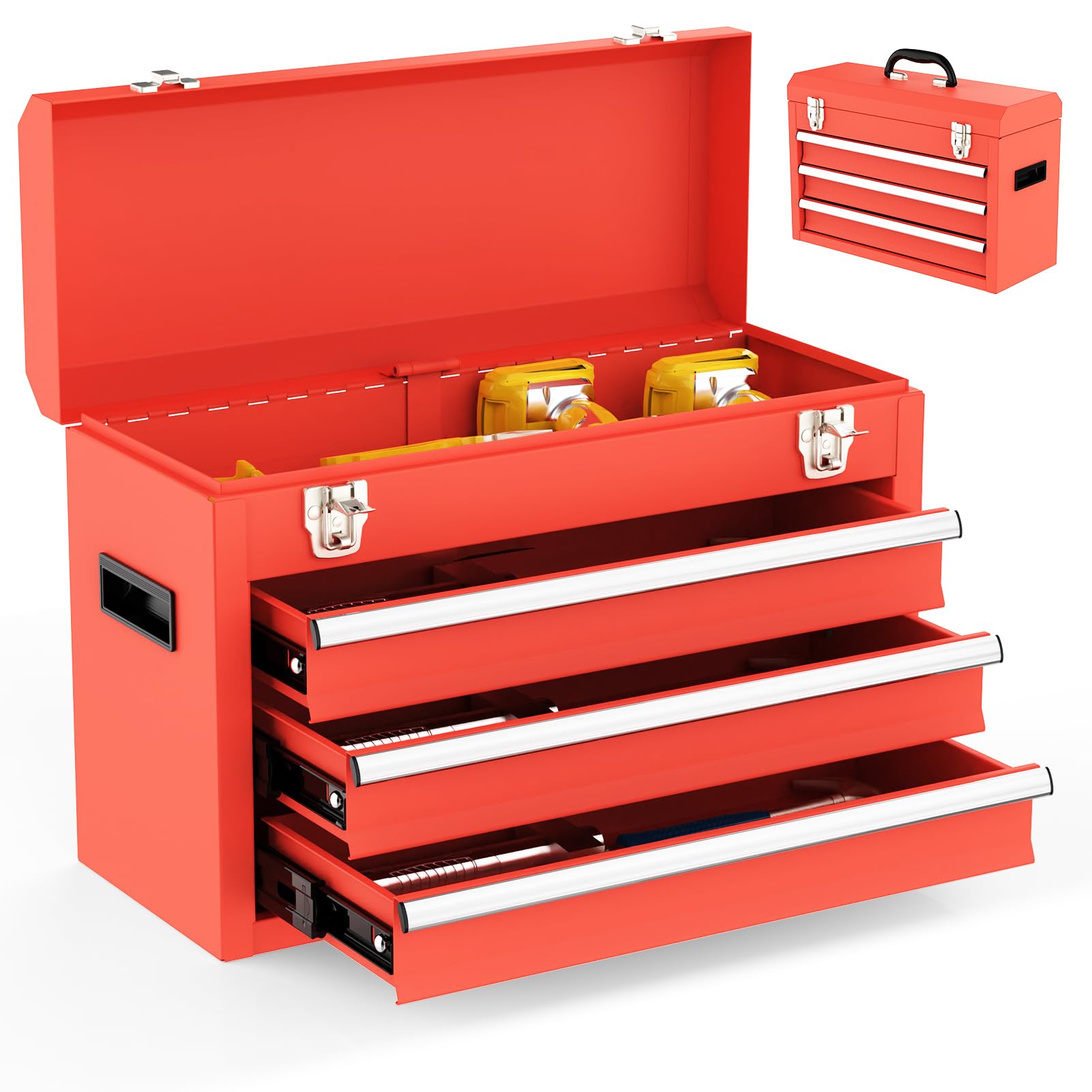 Gornoxblif 3 Drawer Metal Tool Box, Portable Metal Tool Box with EVC Liners and Latches Closure, Heavy Duty Steel Tool Chest with Ball Bearing Opening