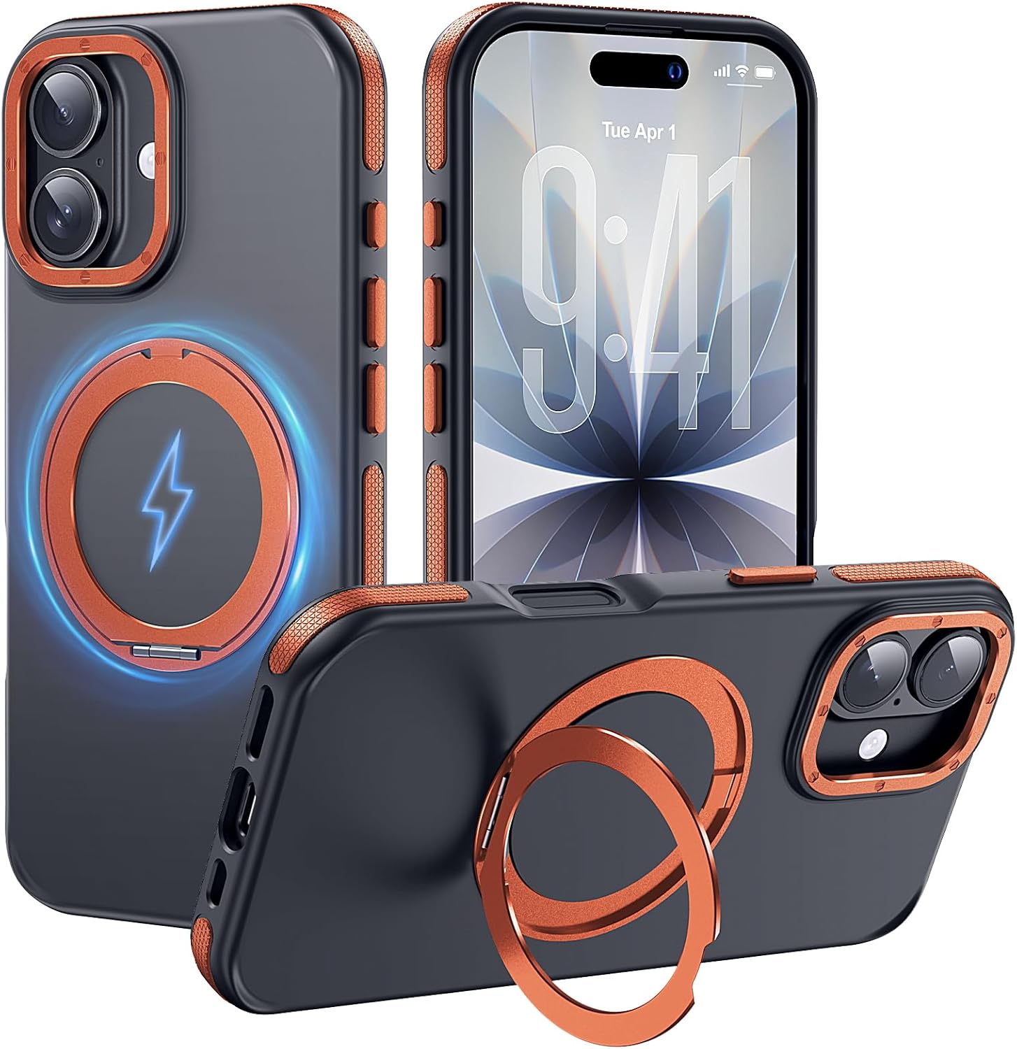 Strong Magnetic Case for iPhone 17 (6.3", 2025) with Stand, Drop-Proof Bumper Cover with Contrast Color Border, Military-Grade Drop Protection, Shockproof Slim Thin Cover,Orange