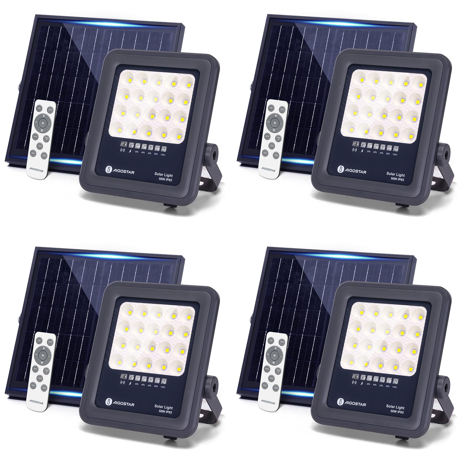 Aigostar Solarstrahler mit Fernbedienung,50W,500lm,6500K kaltweißes Licht,IP65 wasserdichter Außenstrahler,sehr gut geeignet für Außengärten,Terrassen,Wege oder Garagen,2 m Kabellänge,4 Stücke