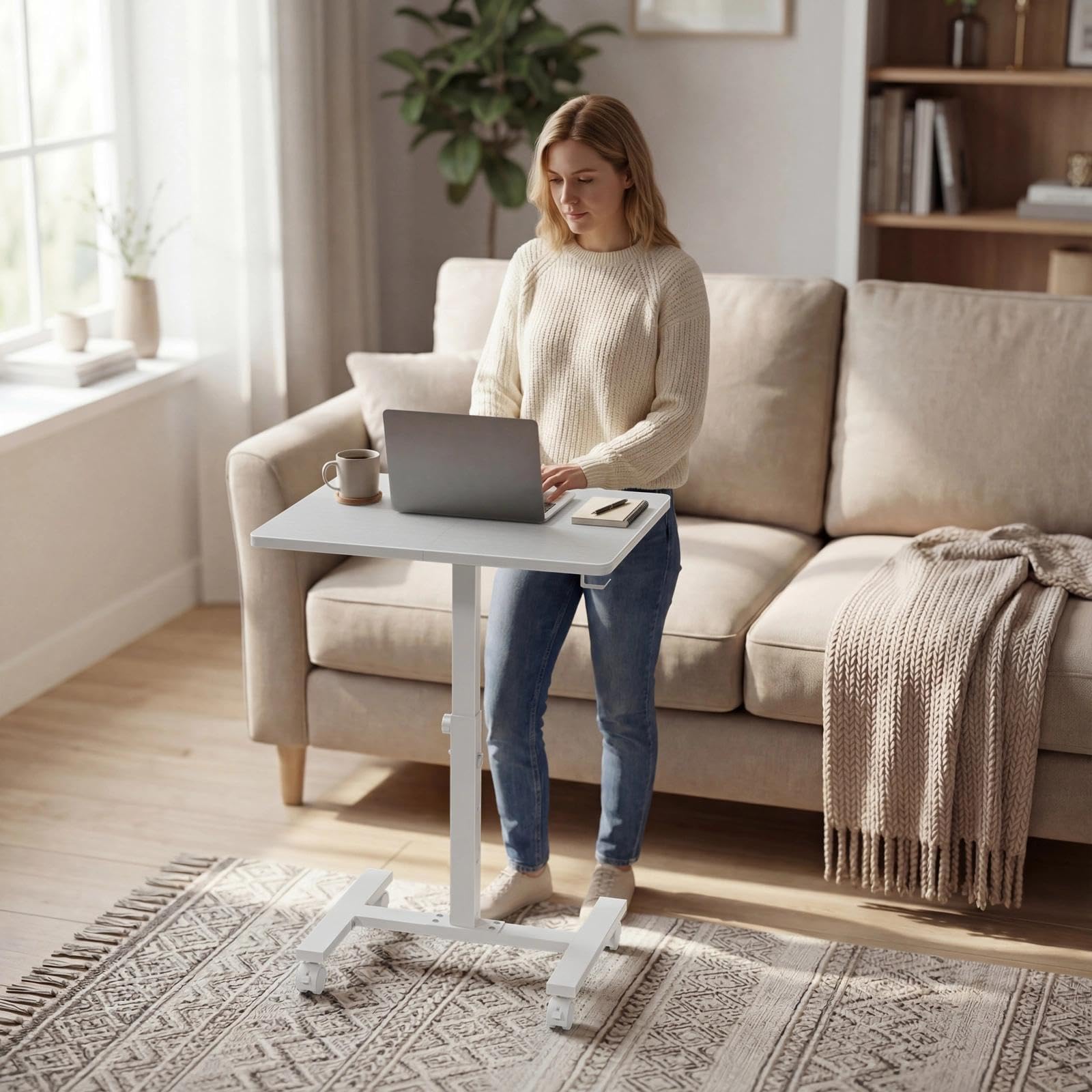 Small White Standing Rolling Desk - 24 Inch Portable Mobile Stand Up Kids Desk Adjustable Height with Wheels — view 4