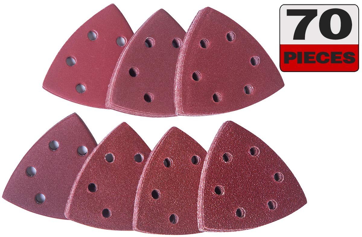 Delta-Triangle Sanding Sheets, Sanding discs 70 Pieces Detail Sander Pads 6 Holes Triangle Sandpaper 10 x Grits 60/80/120/180/240/320/400 Triangle Sanding Pads 93 x 93 x 93 mm Sander Sheets